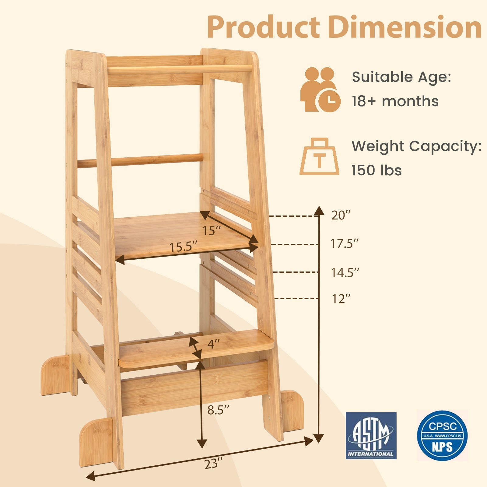 Bamboo Kids Kitchen Step Stool with Adjustable Height & Safety Rails-Natural