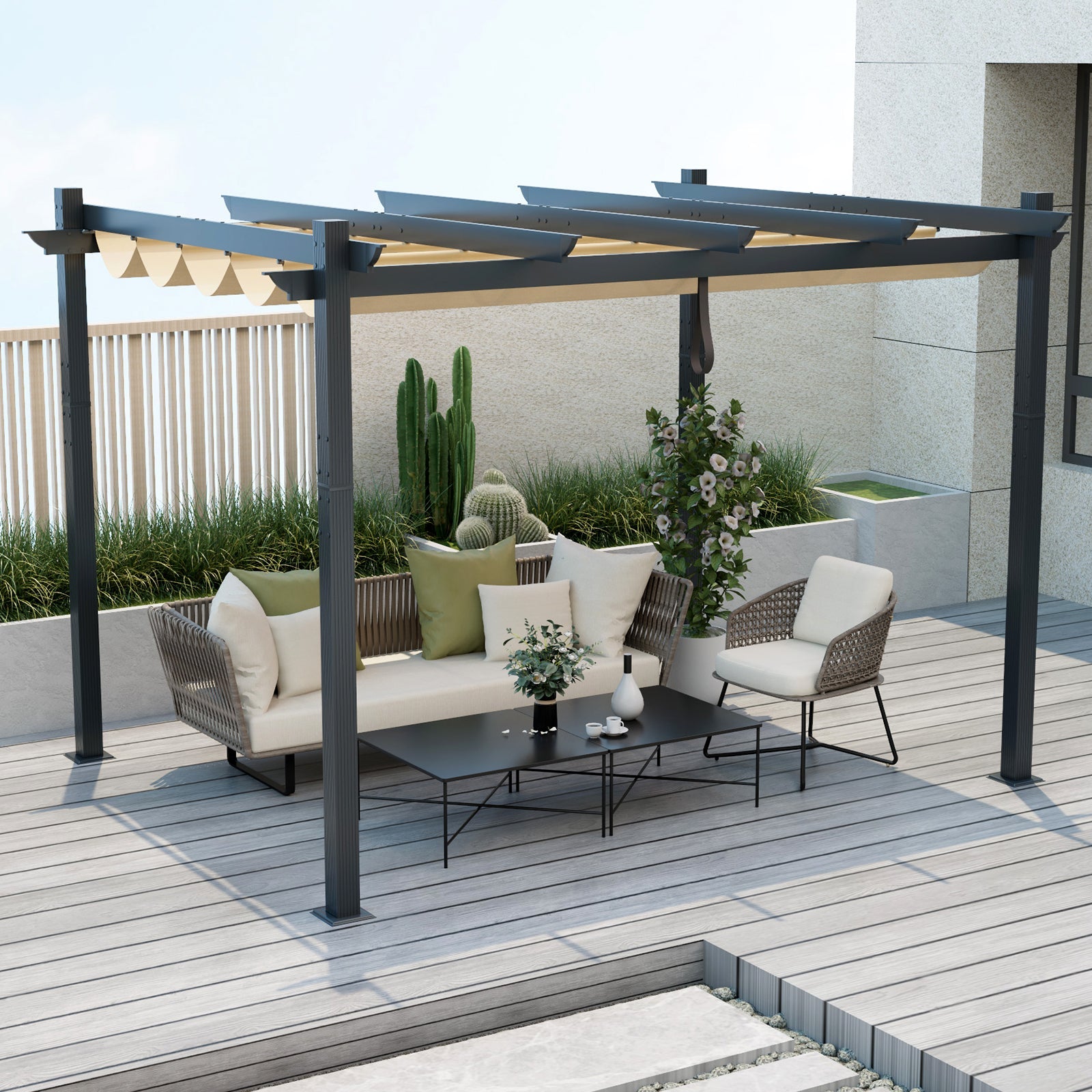 10 x 12 Feet Outdoor Aluminum Retractable Pergola Canopy -Beige