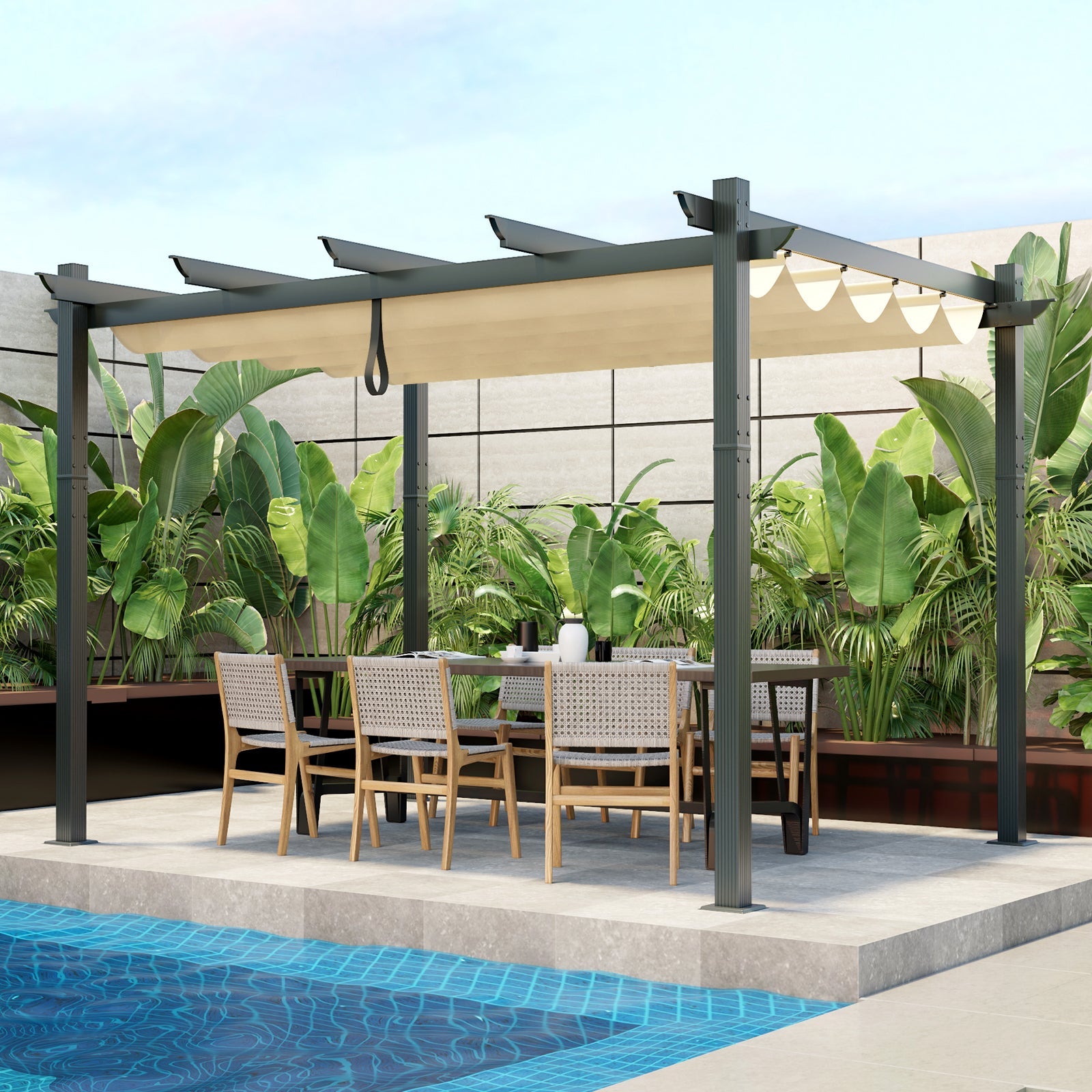 10 x 12 Feet Outdoor Aluminum Retractable Pergola Canopy -Beige