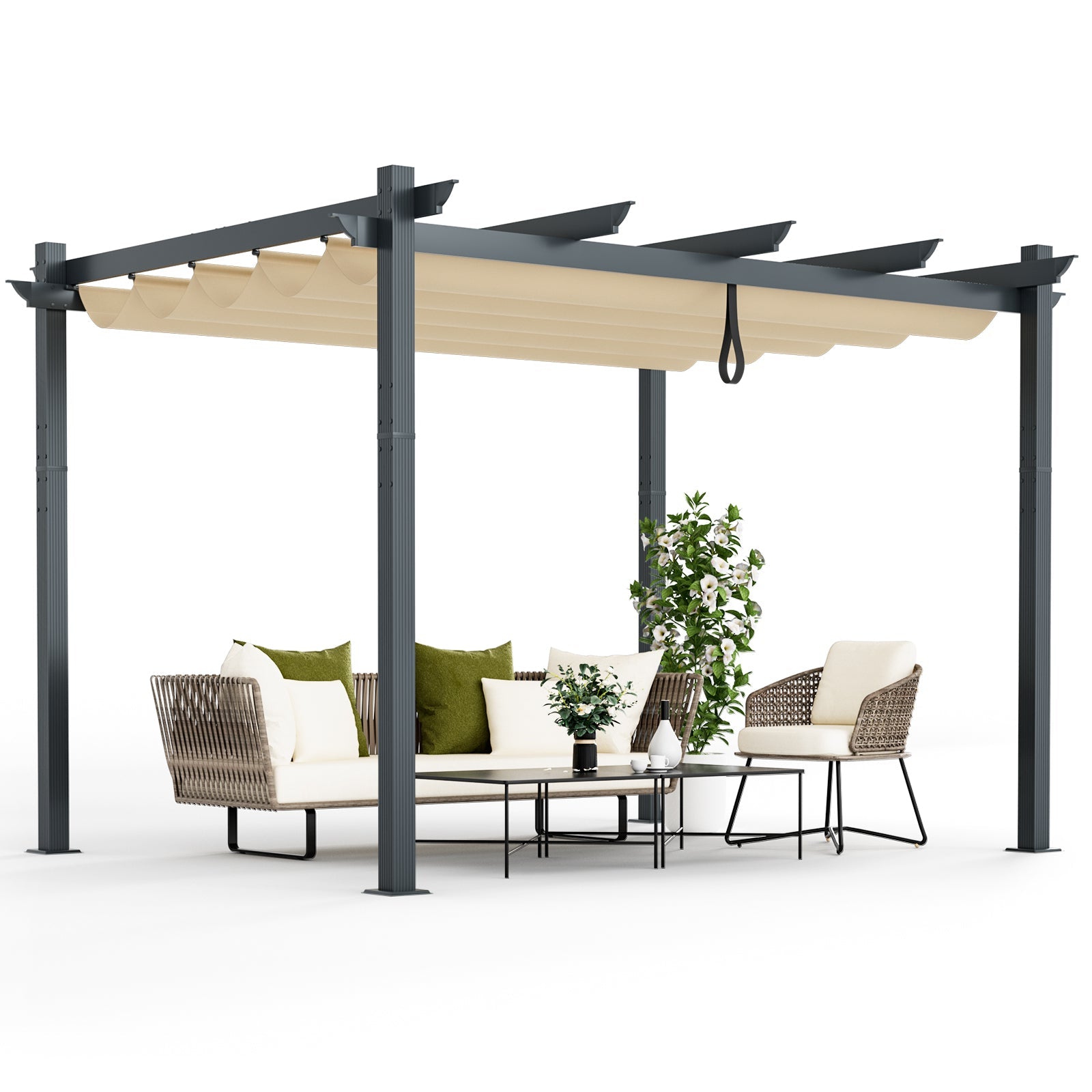 10 x 12 Feet Outdoor Aluminum Retractable Pergola Canopy -Beige