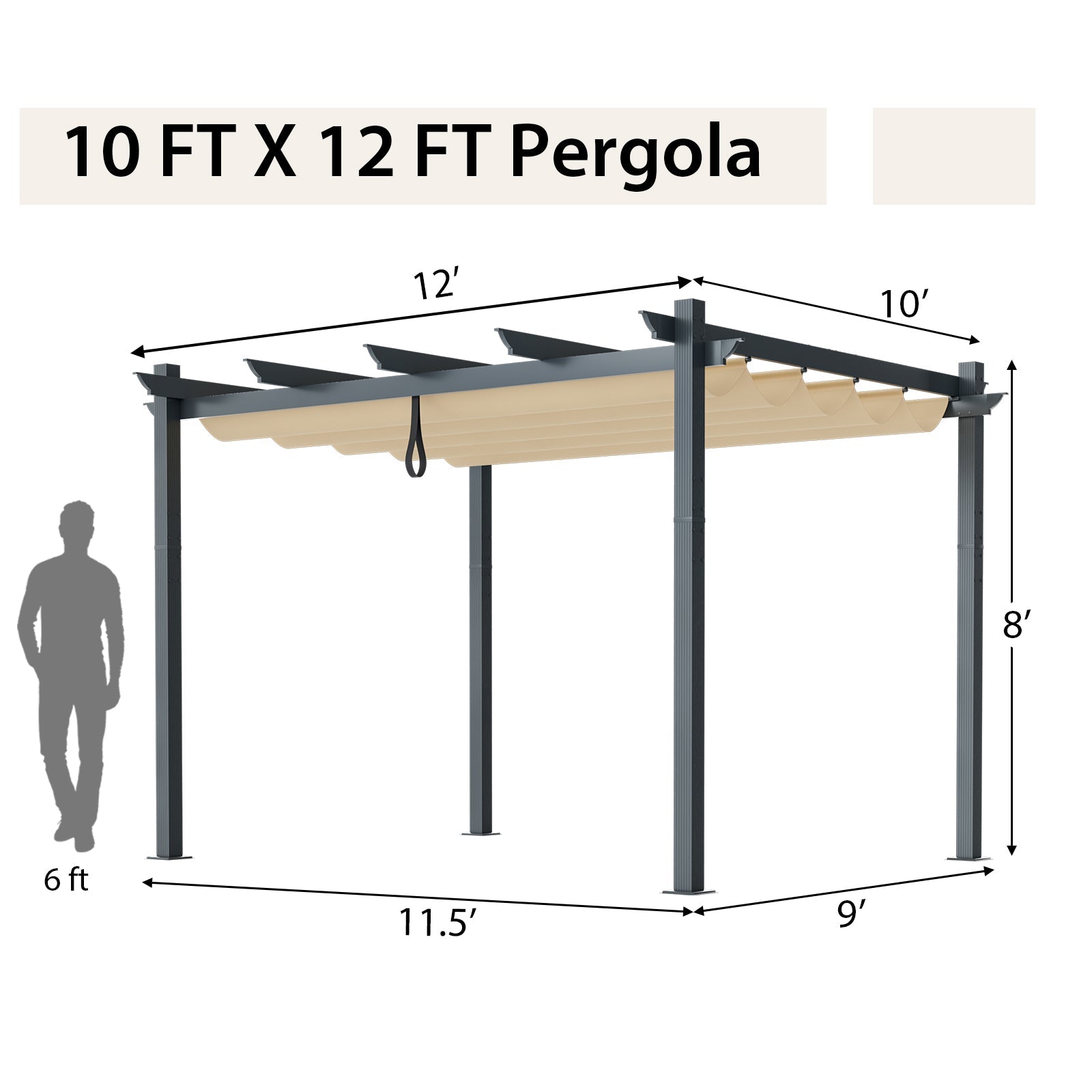 10 x 12 Feet Outdoor Aluminum Retractable Pergola Canopy -Beige