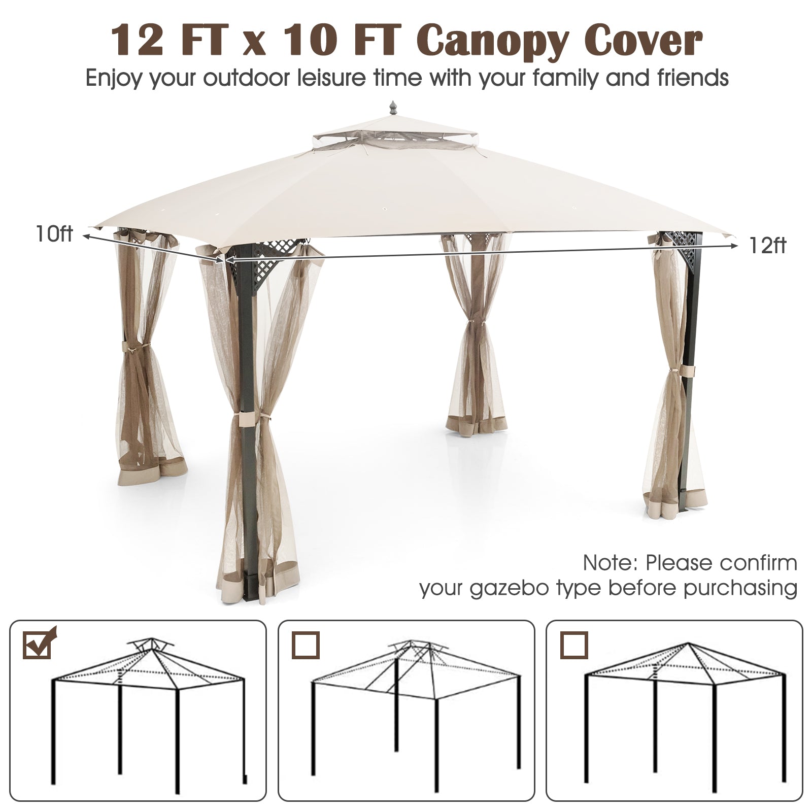 10 x 12 Feet Gazebo Replacement Top with Air Vent and Drainage Holes - Beige