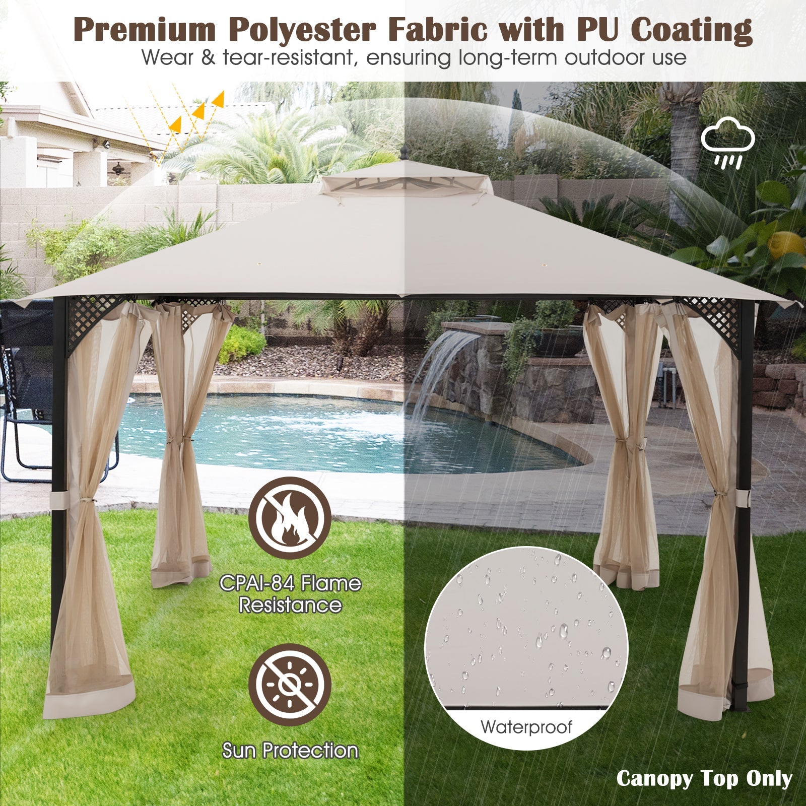 10 x 12 Feet Gazebo Replacement Top with Air Vent and Drainage Holes - Beige