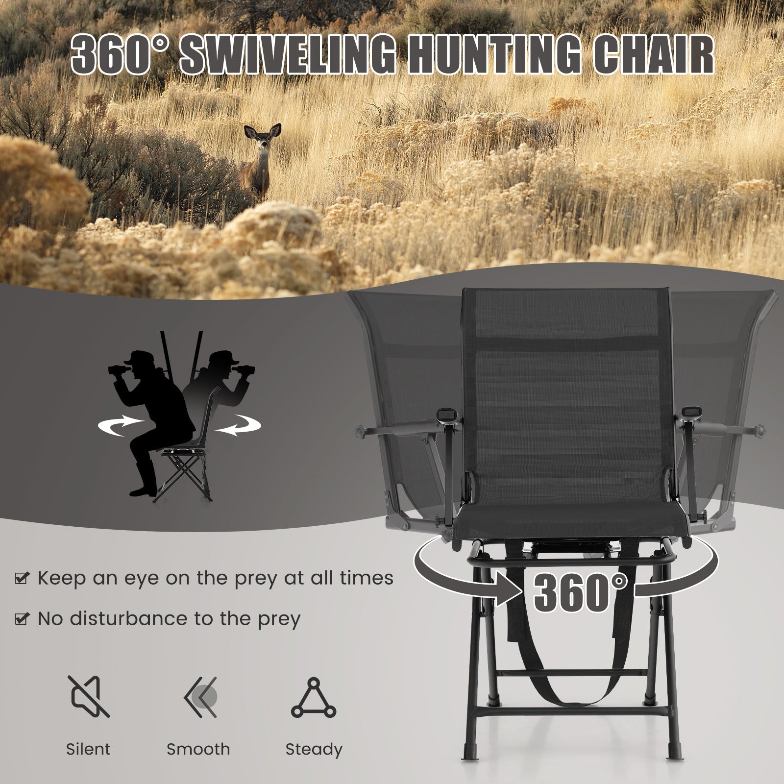 Foldable Swivel Patio Chair with Armrest - Black