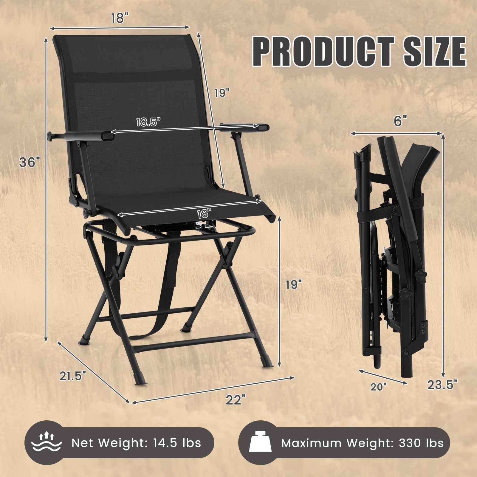 Foldable Swivel Patio Chair with Armrest - Black