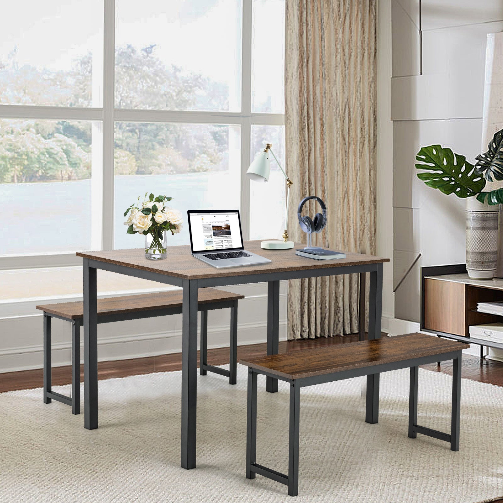 3 Pieces Dining Table Set with 2 Benches - Brown