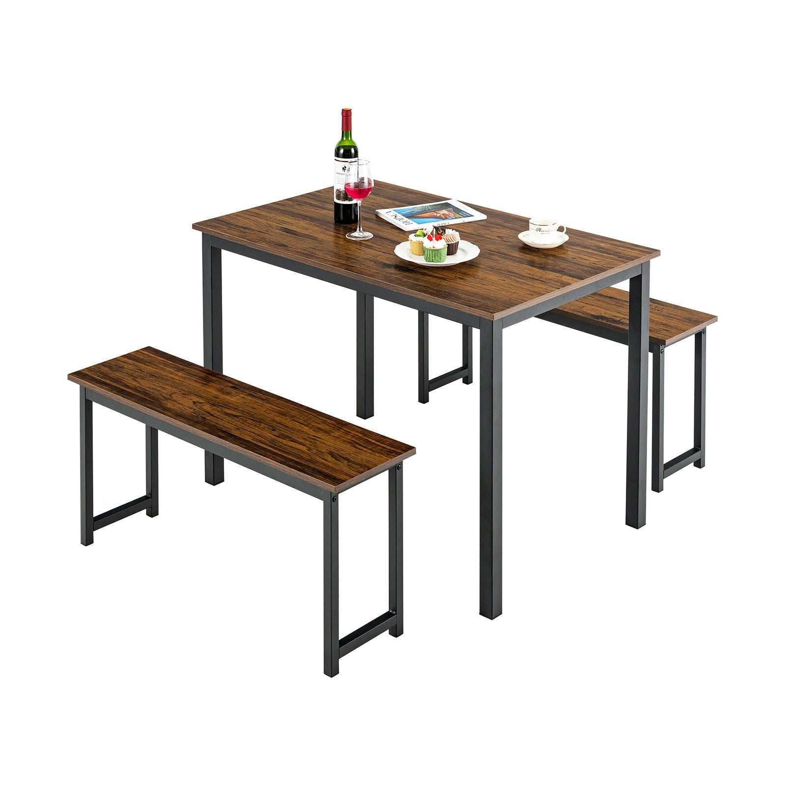 3 Pieces Dining Table Set with 2 Benches - Brown