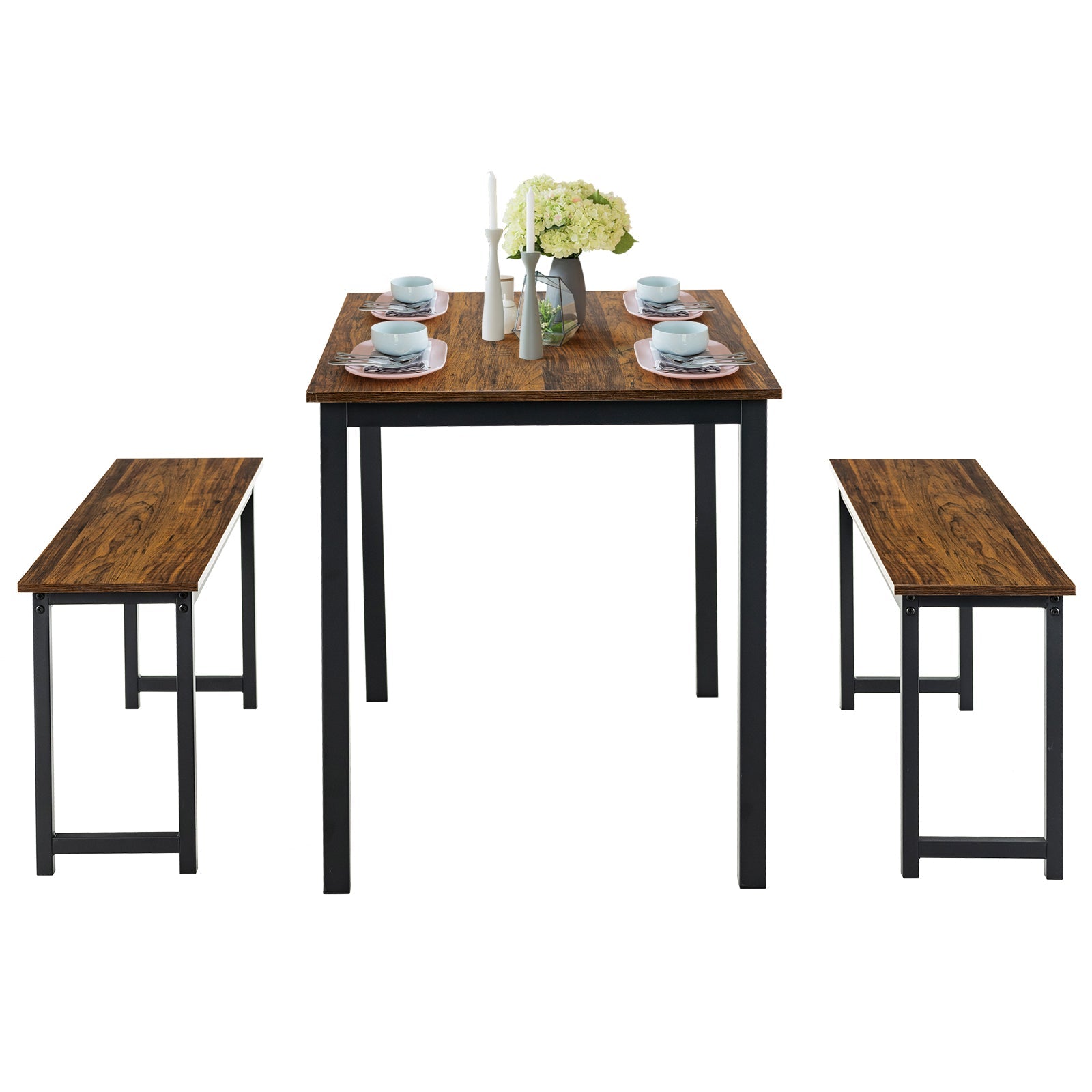3 Pieces Dining Table Set with 2 Benches - Brown