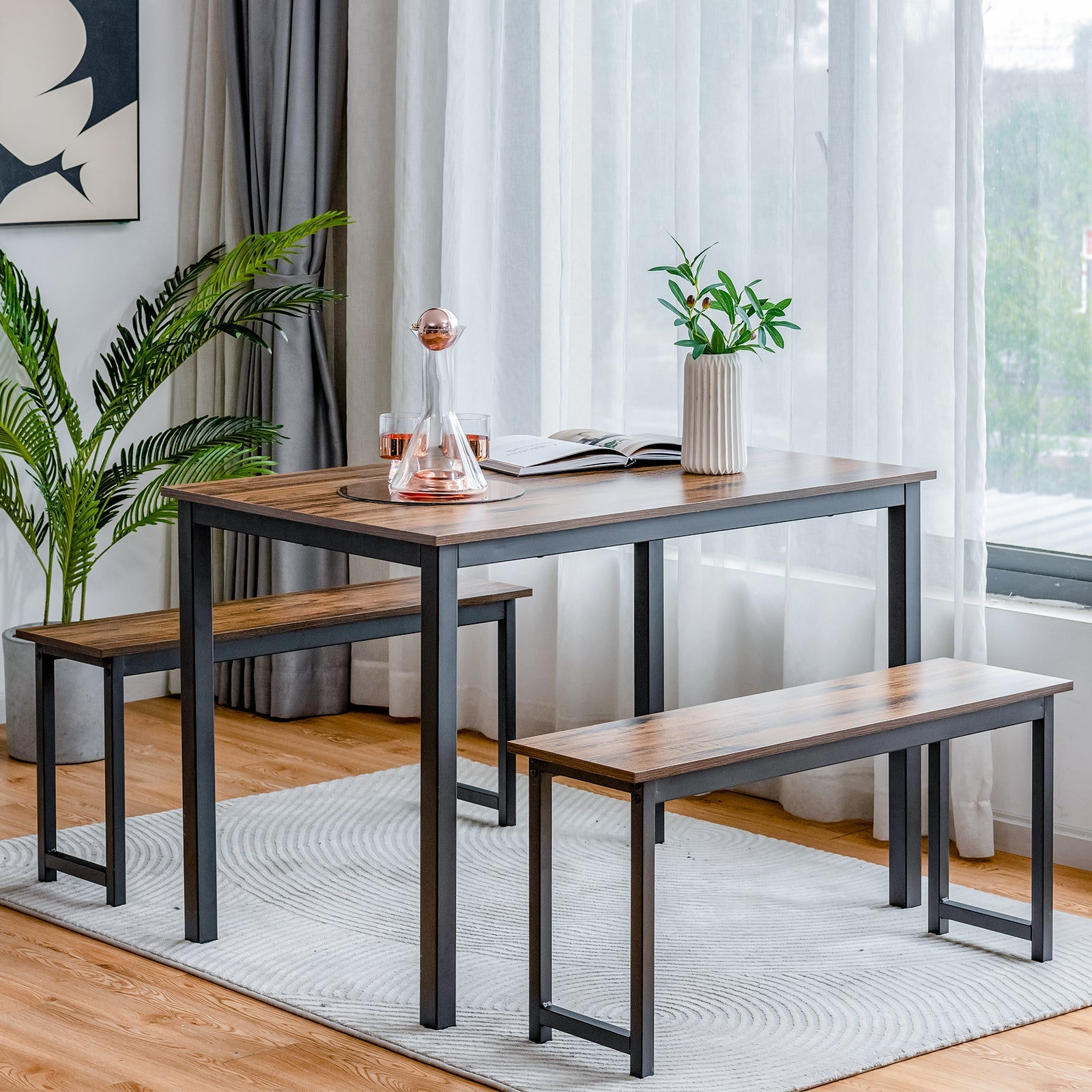 3 Pieces Dining Table Set with 2 Benches - Brown