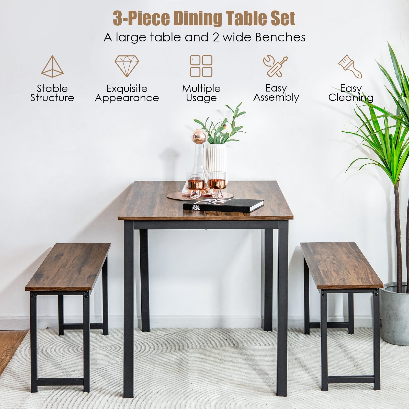 3 Pieces Dining Table Set with 2 Benches - Brown