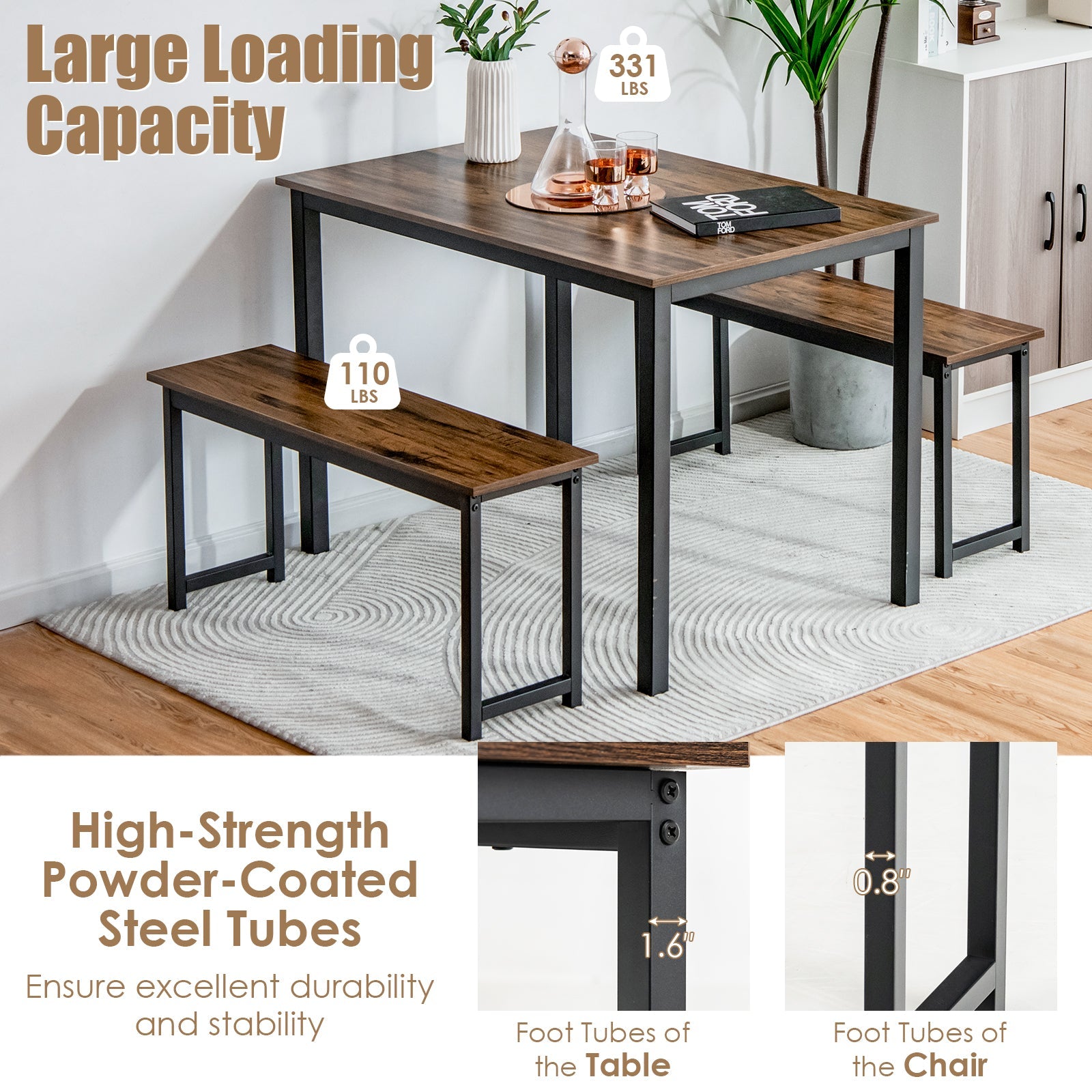 3 Pieces Dining Table Set with 2 Benches - Brown