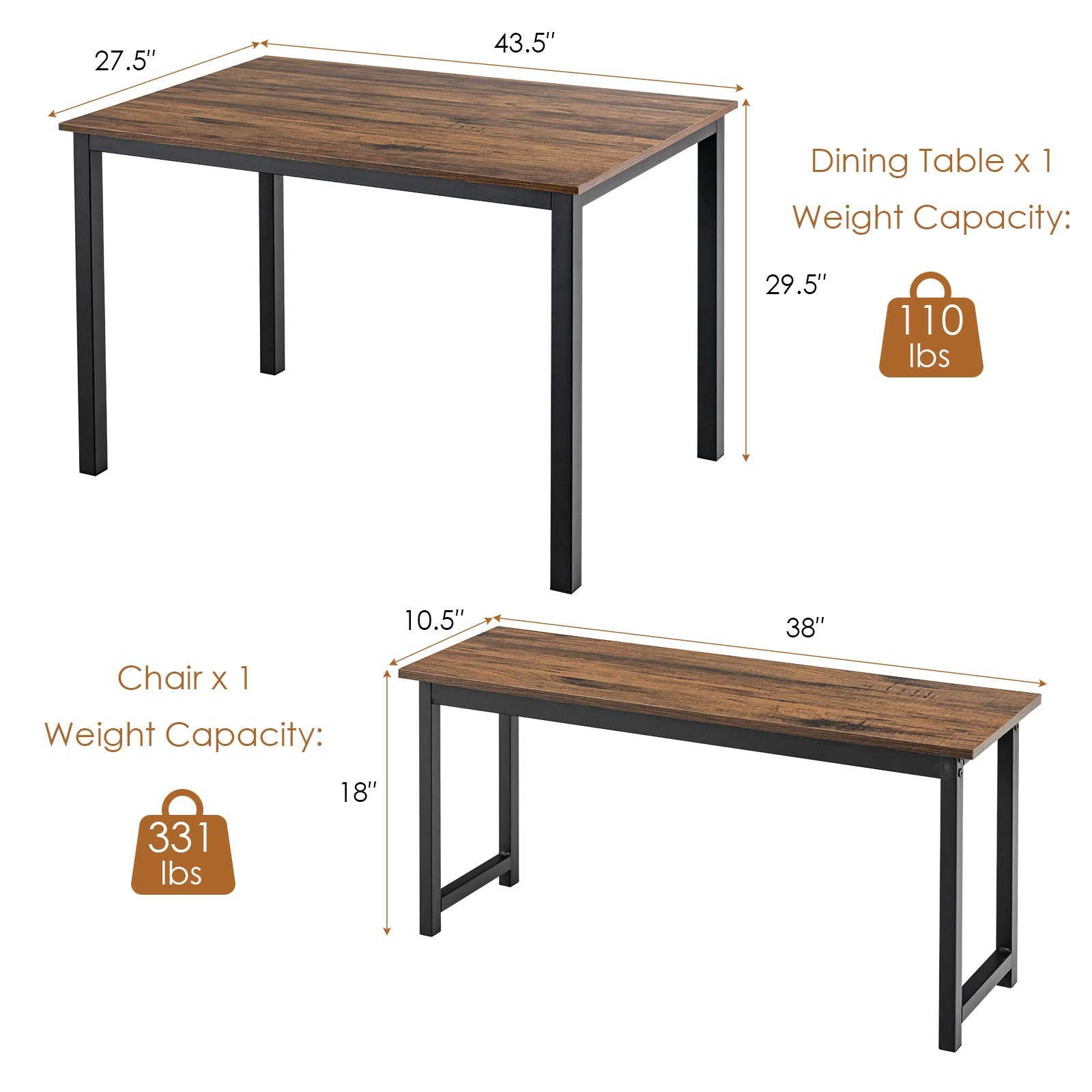 3 Pieces Dining Table Set with 2 Benches - Brown