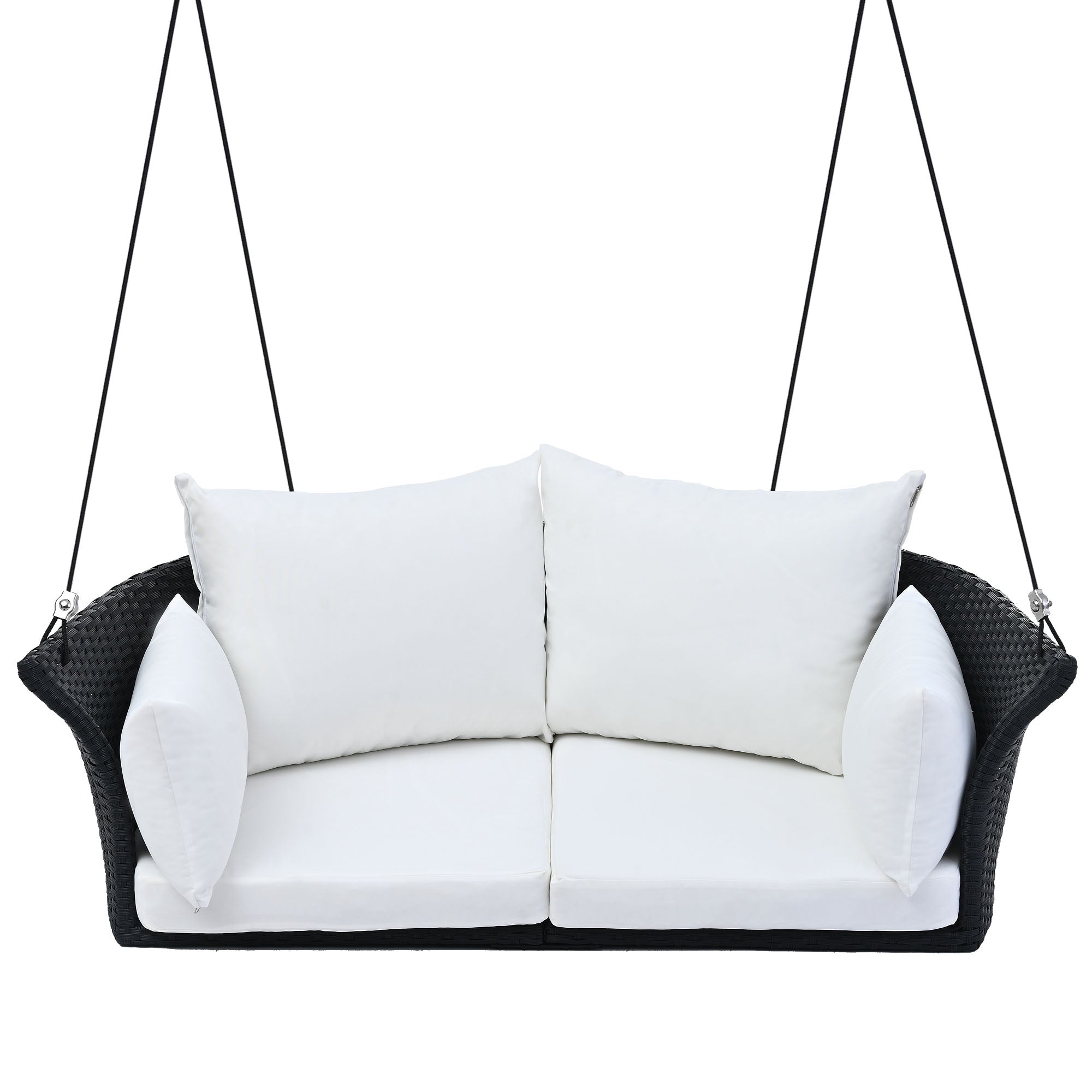 2-Person Rattan Woven Swing Chair, Black Wicker And White Cushion