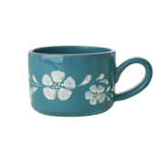 Ceramic Cappuccino Cup with Hand Painted White Flowers Vine - 6.7 oz
