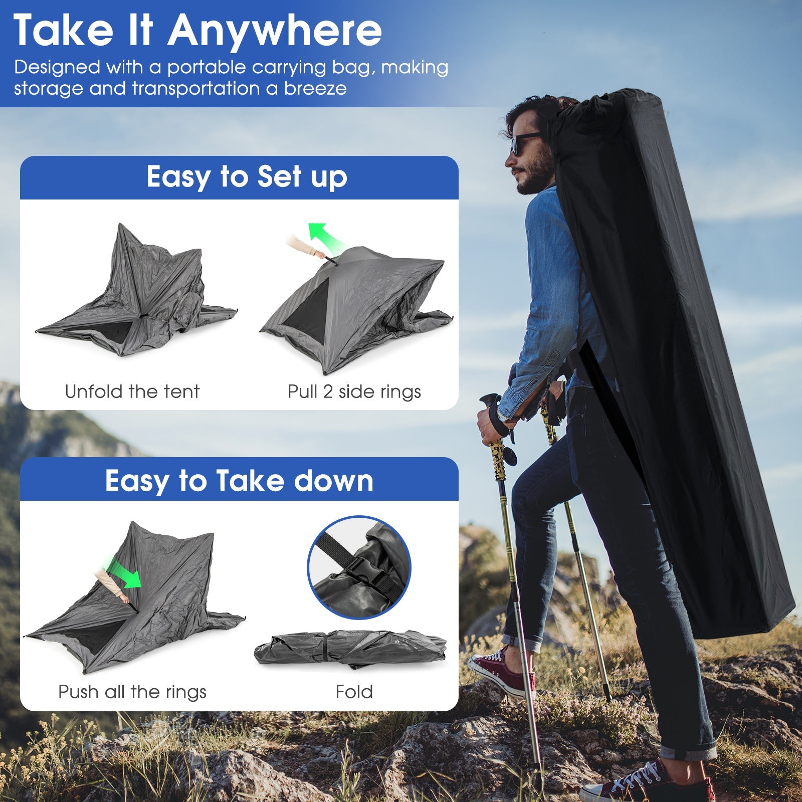 Pop-up Camping Tent for 2-3 People with Carry Bag -Gray