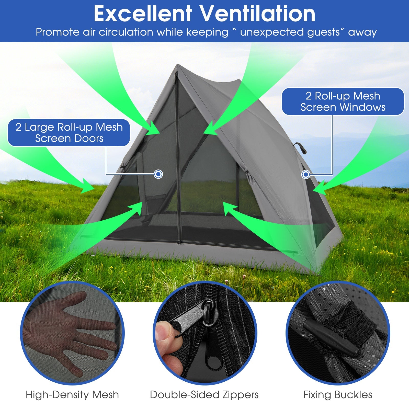 Pop-up Camping Tent for 2-3 People with Carry Bag -Gray