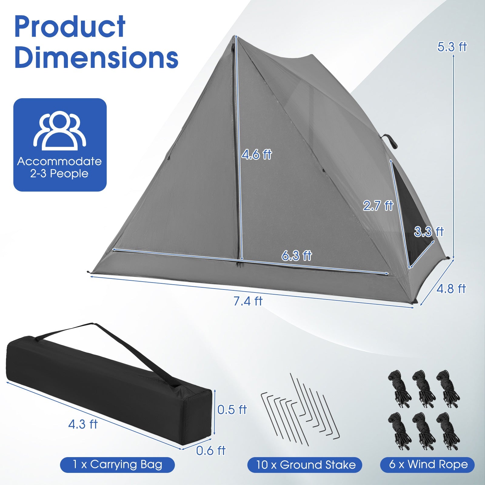 Pop-up Camping Tent for 2-3 People with Carry Bag -Gray