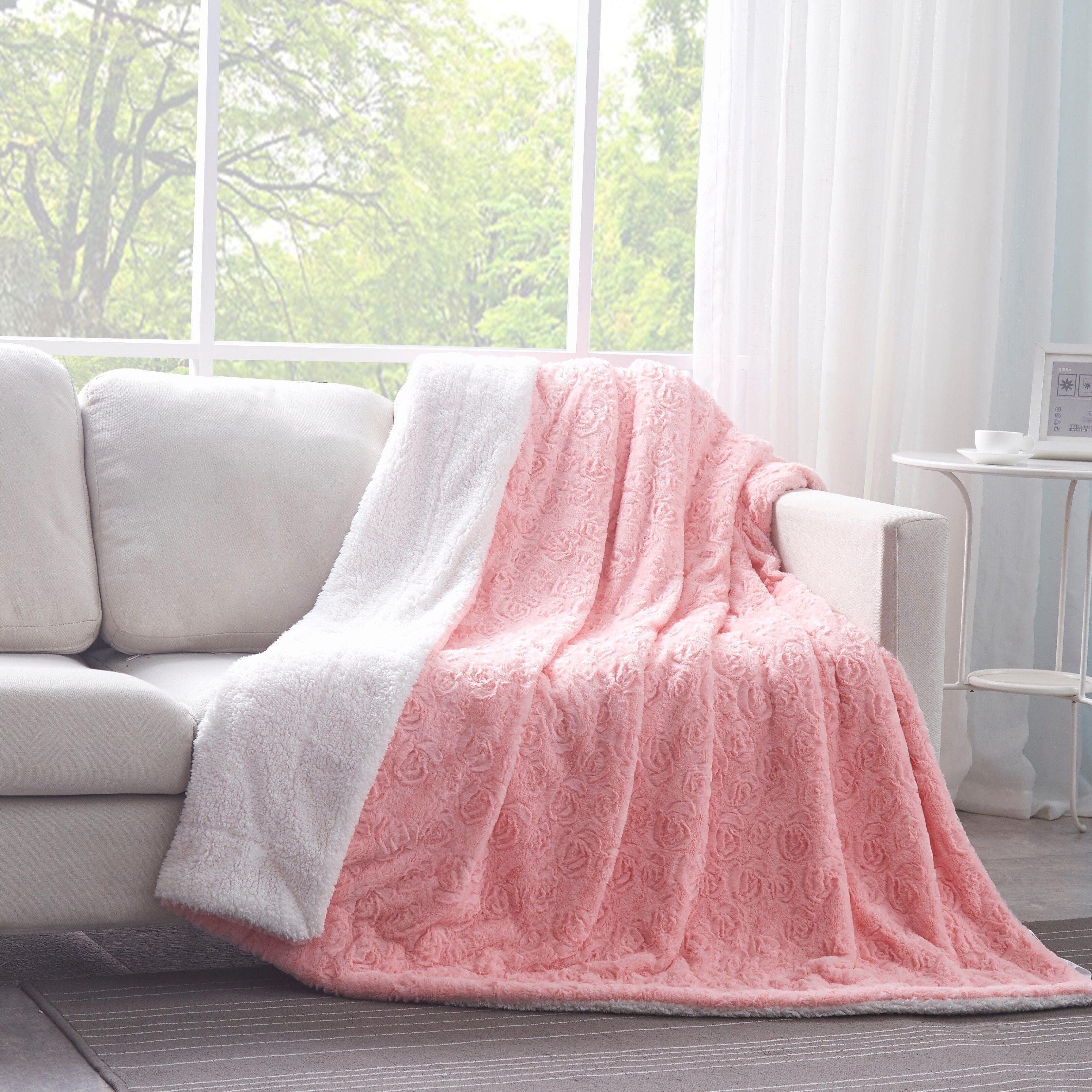 Luxury Blossom Pink Rose Buds Faux Fur Throw Blanket