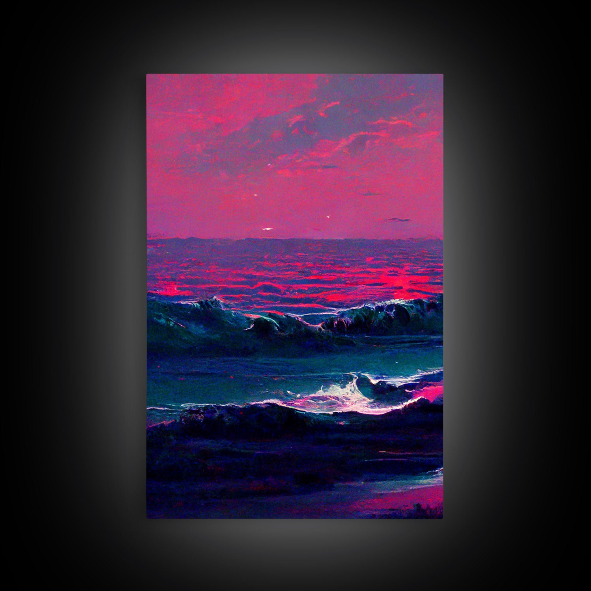 Outrun Style Synthwave Sunset Ocean Waves, 3 Piece Canvas Print
