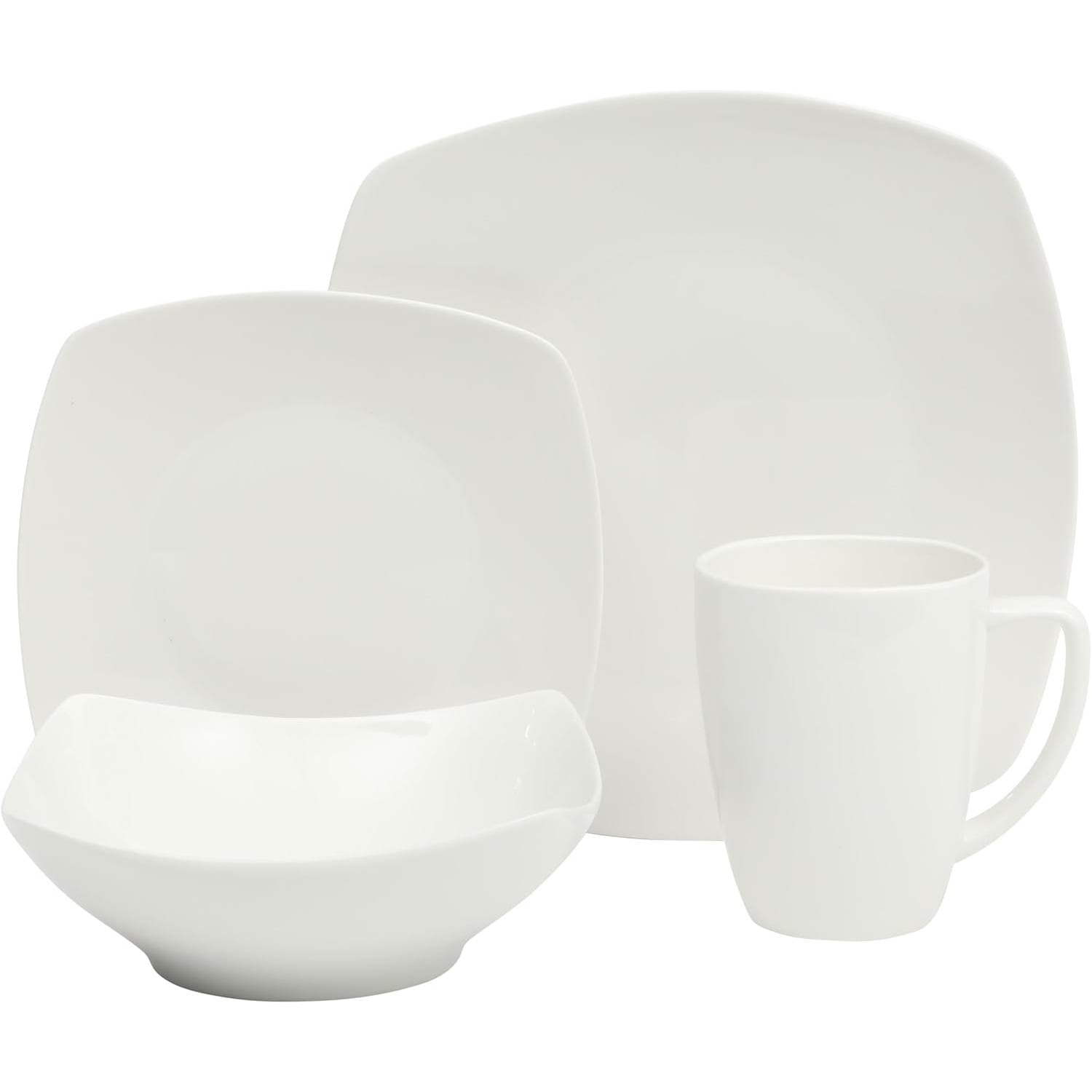 White Square Porcelain Dinnerware Set Service for 4 (16 Pieces)