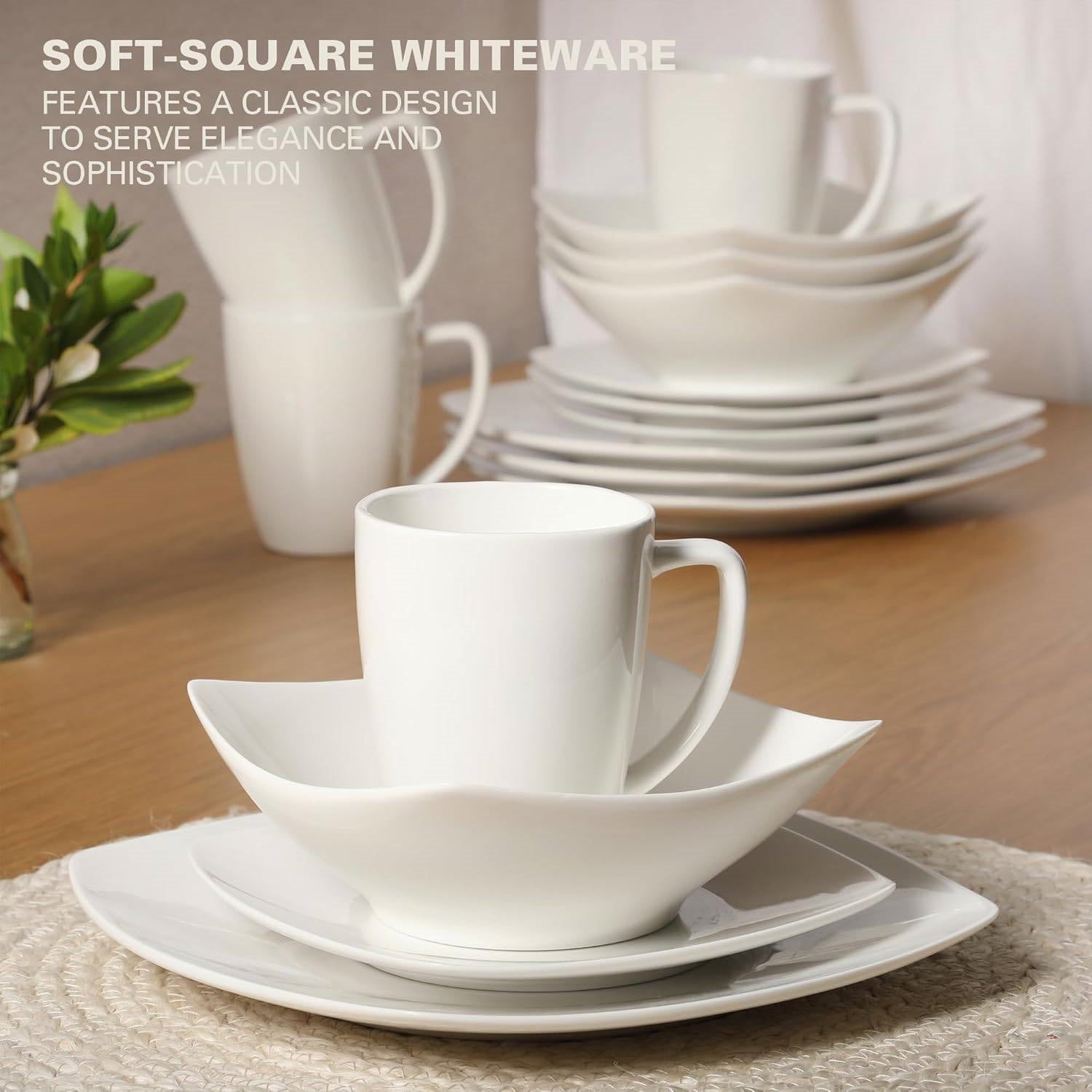 White Square Porcelain Dinnerware Set Service for 4 (16 Pieces)