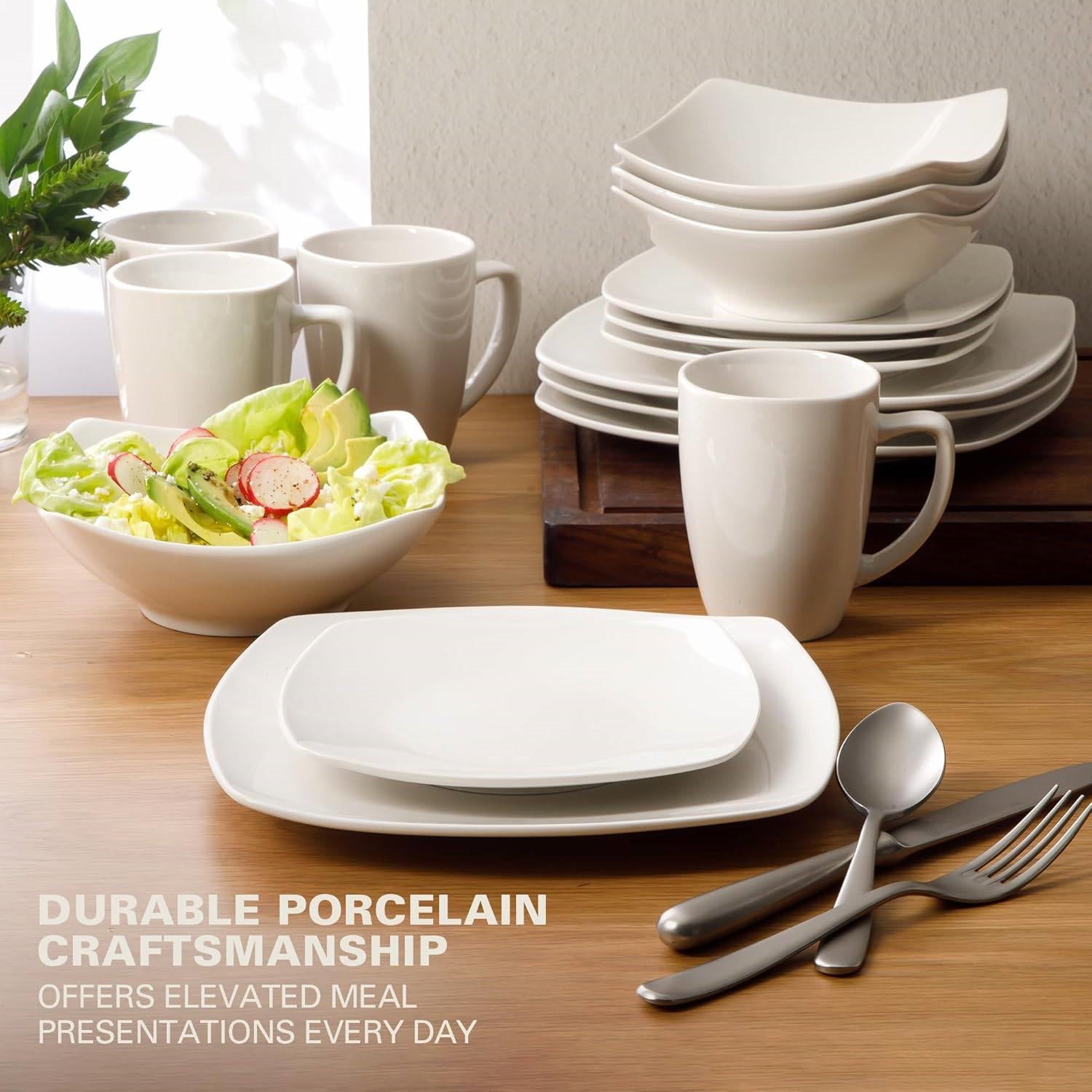 White Square Porcelain Dinnerware Set Service for 4 (16 Pieces)