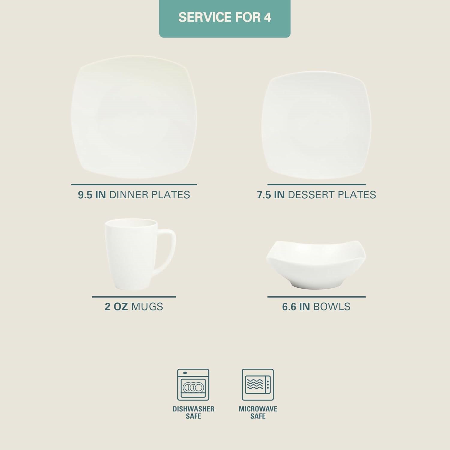 White Square Porcelain Dinnerware Set Service for 4 (16 Pieces)