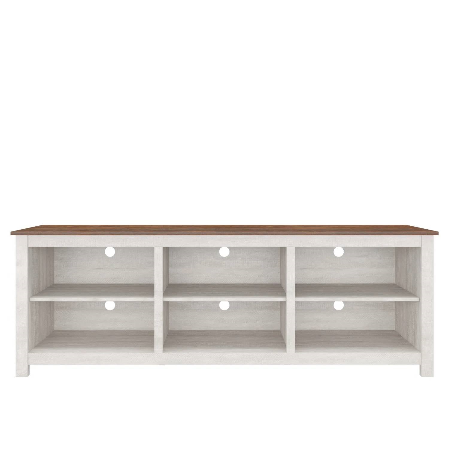 Farmhouse TV Stand in Grey Oak with Brown Wood Finish Top