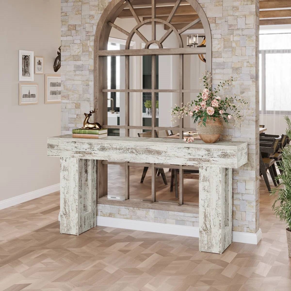 Farmhouse Console Sofa Table in Rustic White Wood Finish