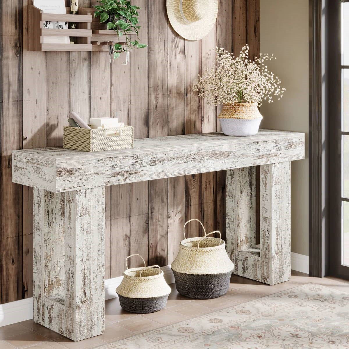 Farmhouse Console Sofa Table in Rustic White Wood Finish