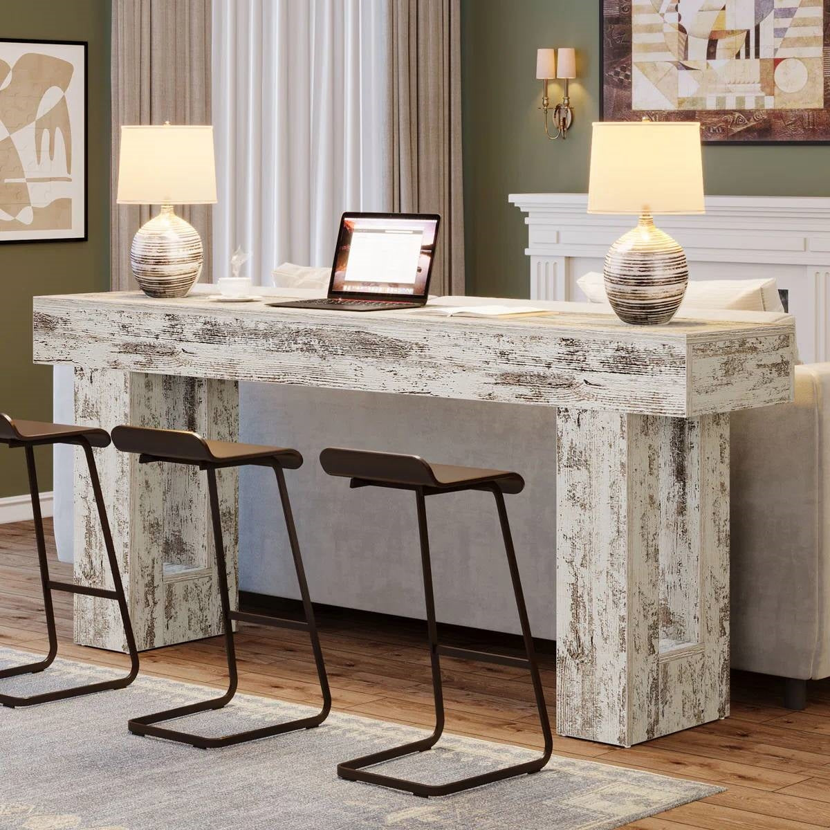 Farmhouse Console Sofa Table in Rustic White Wood Finish