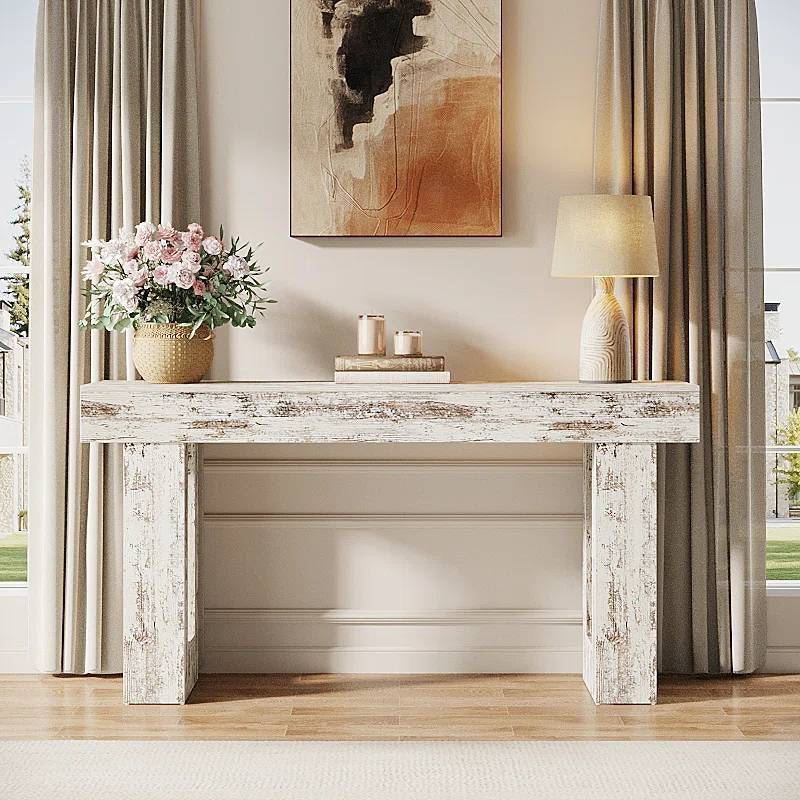 Farmhouse Console Sofa Table in Rustic White Wood Finish