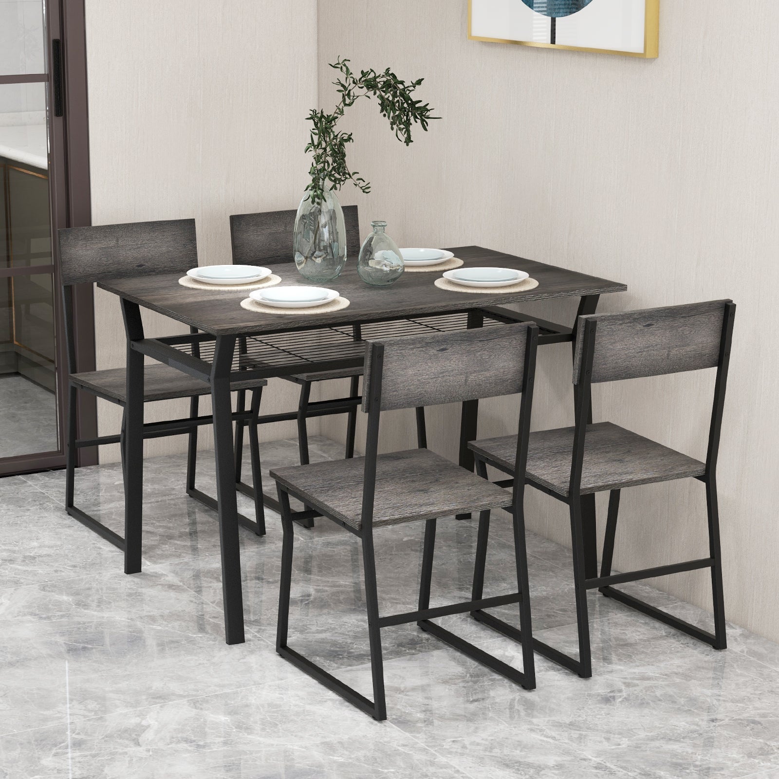 5 Piece Dining Table Set with Storage Rack - Gray