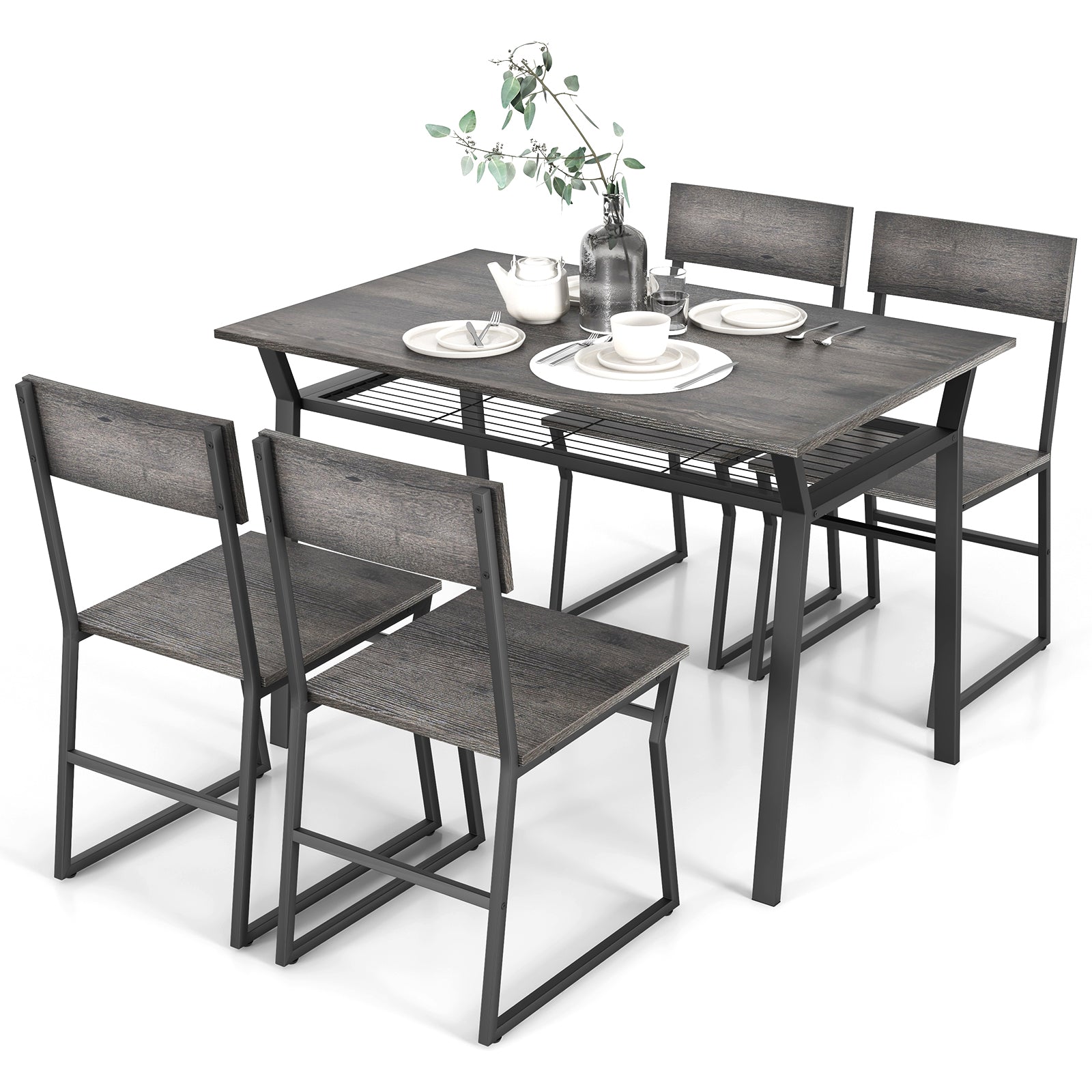 5 Piece Dining Table Set with Storage Rack - Gray