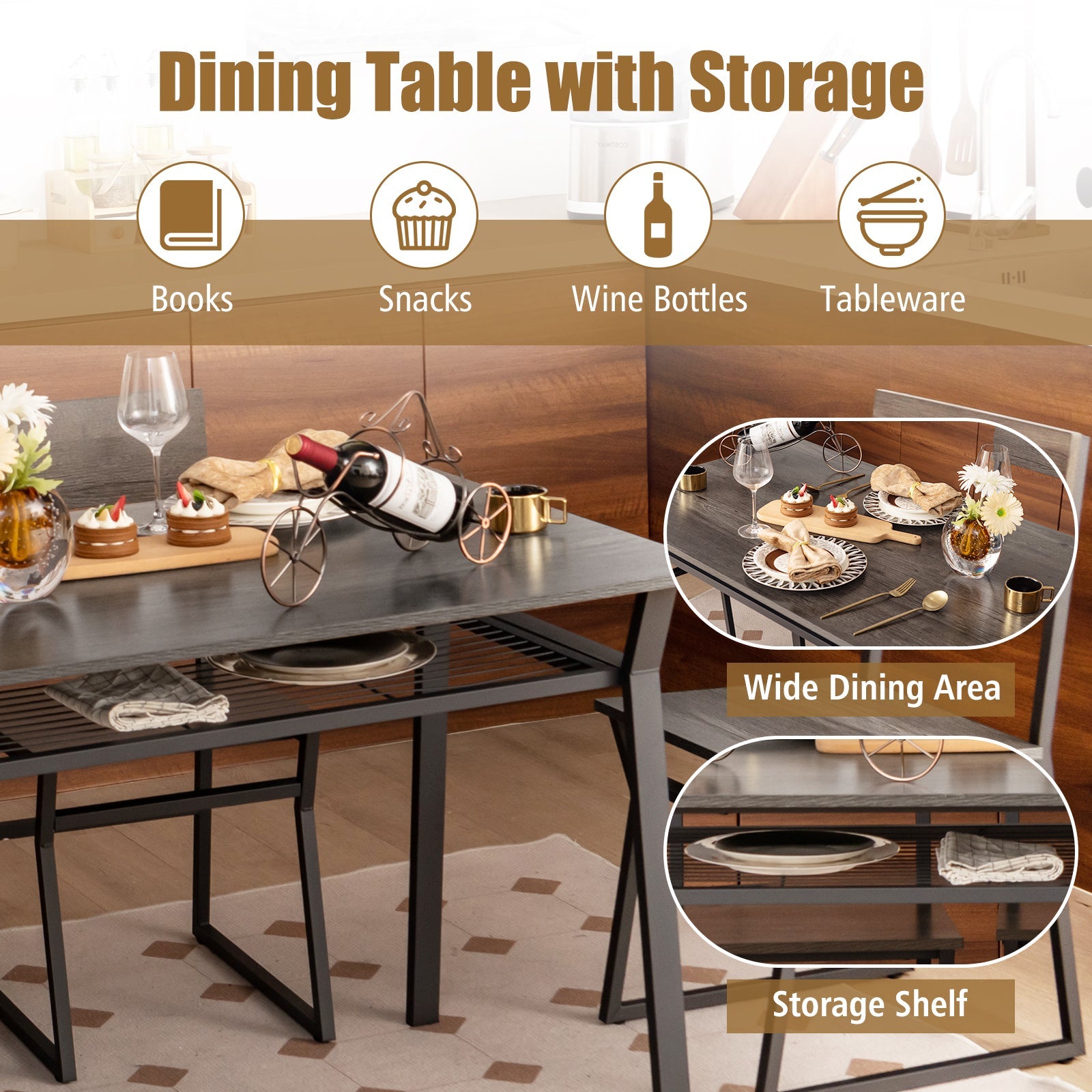 5 Piece Dining Table Set with Storage Rack - Gray