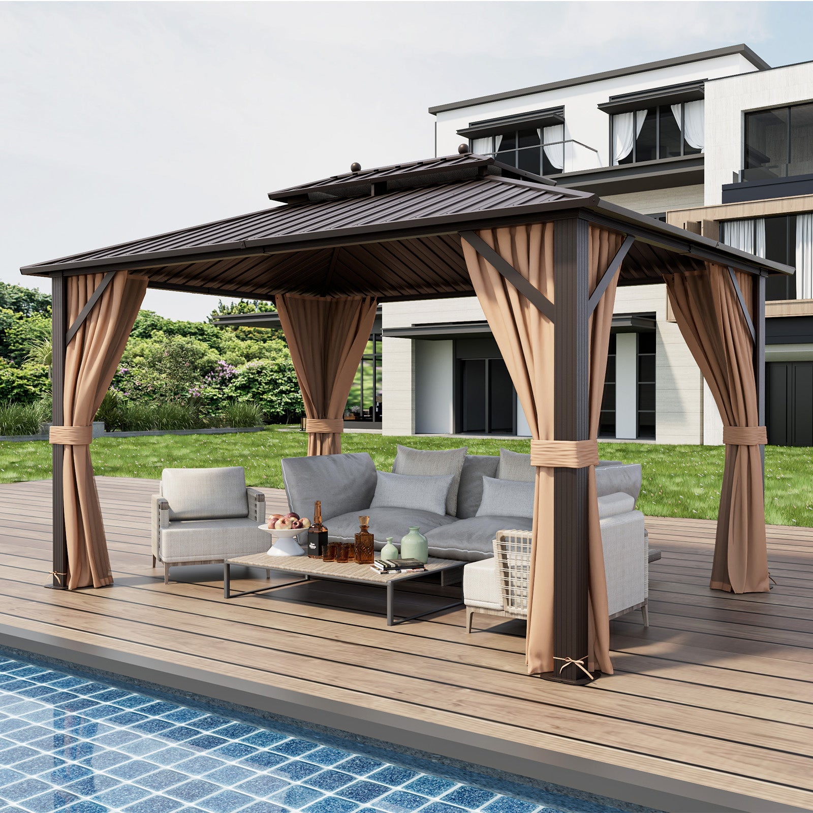 10x13ft Double-Roof Patio Hardtop Gazebo -Coffee
