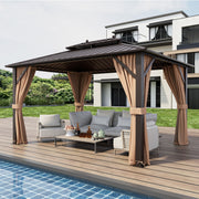 10x13ft Double-Roof Patio Hardtop Gazebo -Coffee