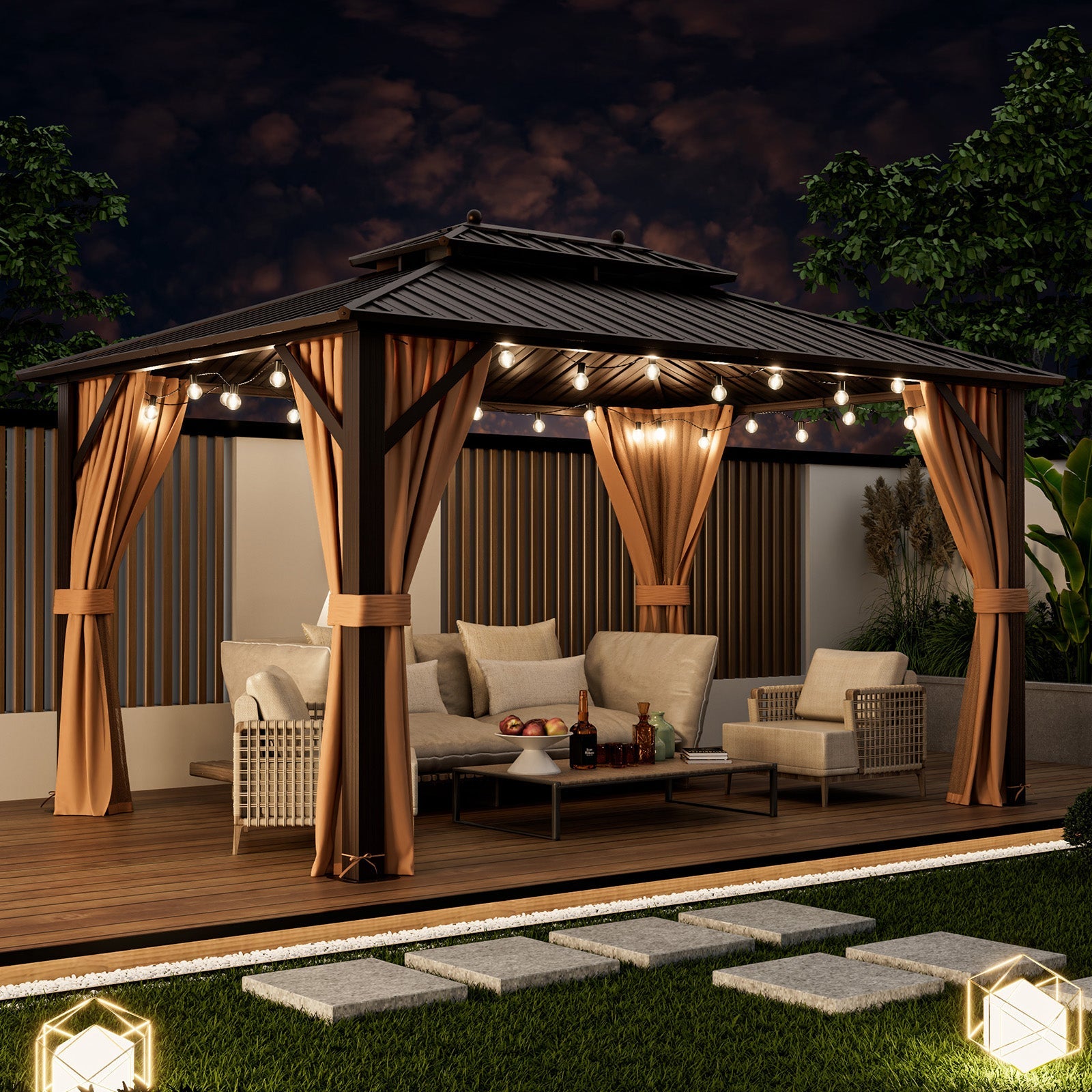 10x13ft Double-Roof Patio Hardtop Gazebo -Coffee