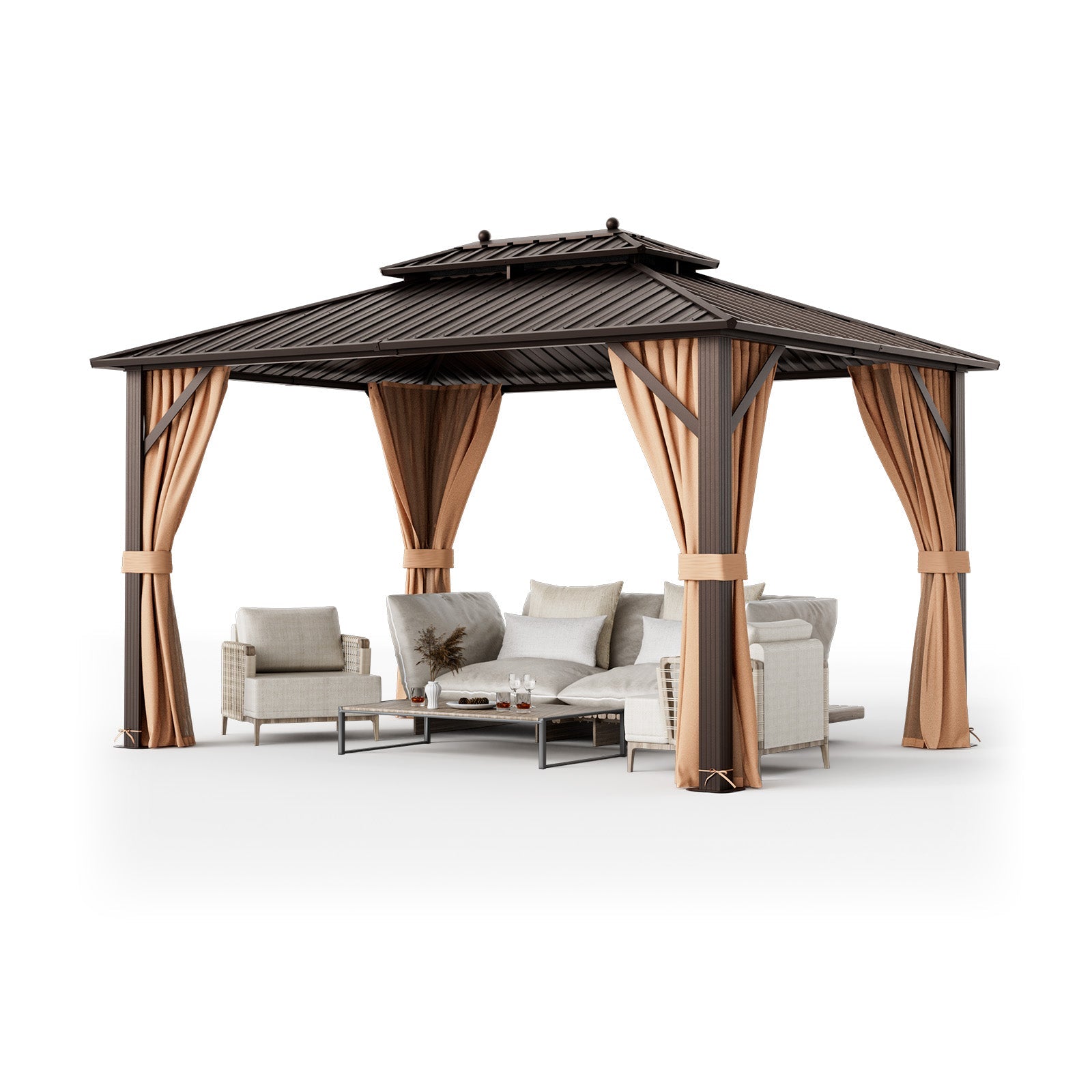 10x13ft Double-Roof Patio Hardtop Gazebo -Coffee