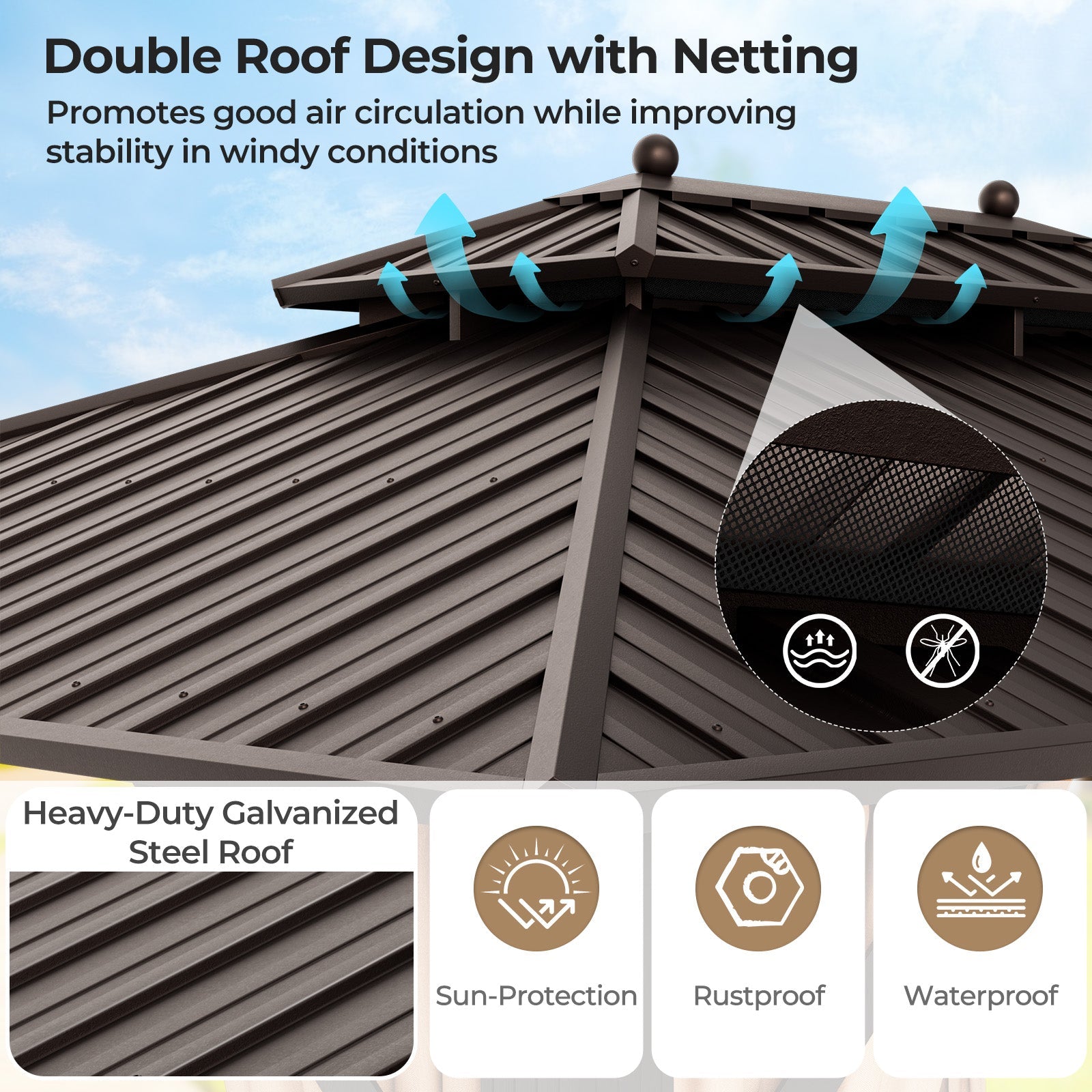10x13ft Double-Roof Patio Hardtop Gazebo -Coffee
