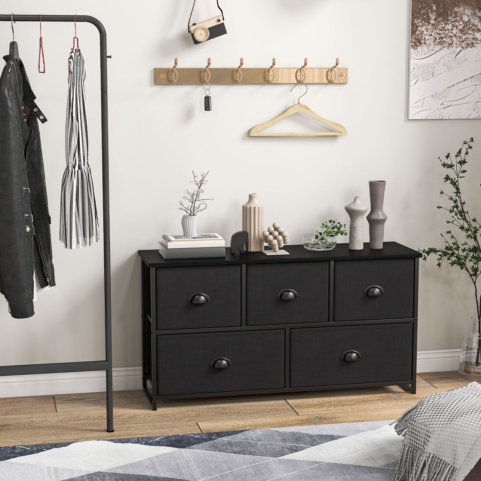 Dresser with 5 Foldable Cloth Storage Cubes - Black