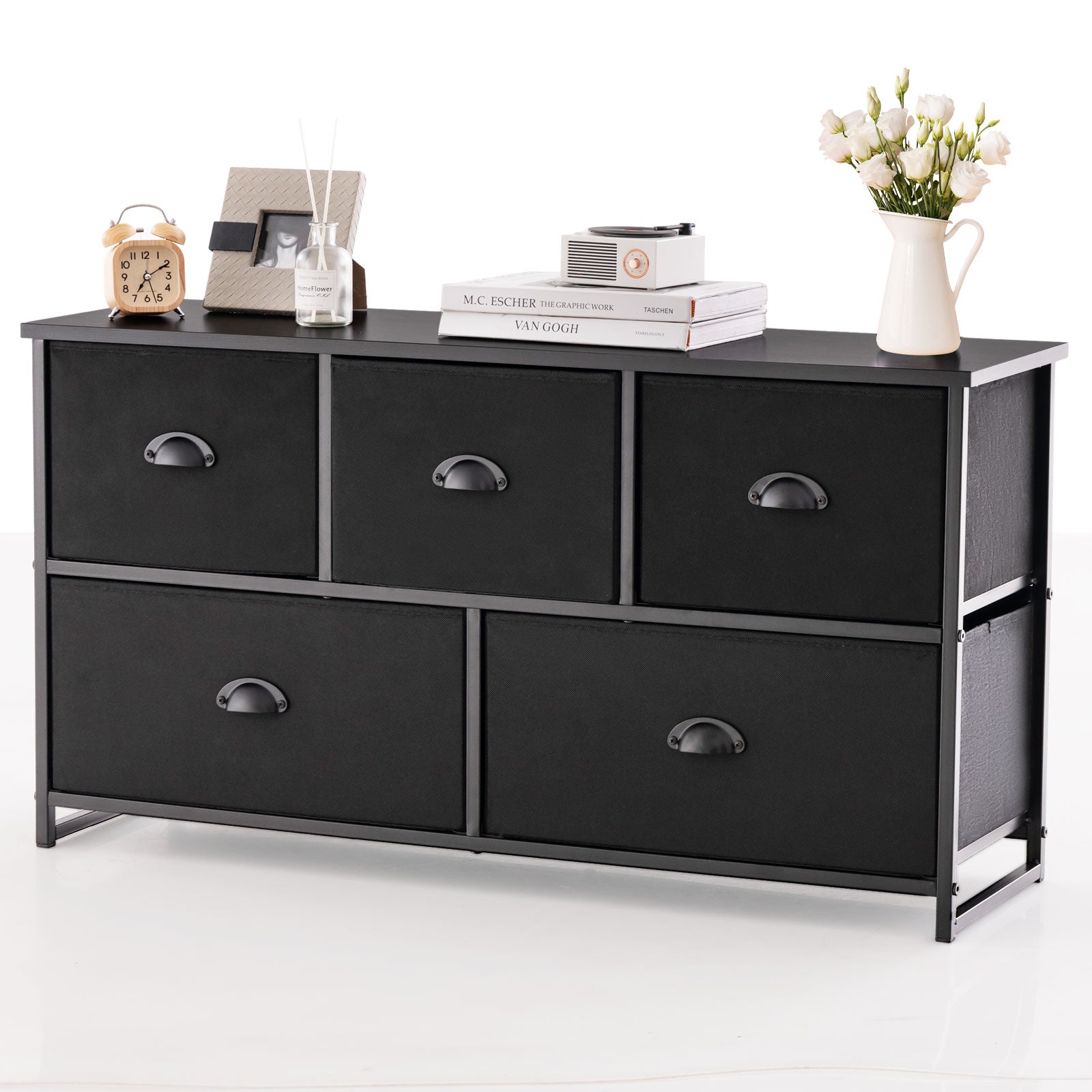 Dresser with 5 Foldable Cloth Storage Cubes - Black