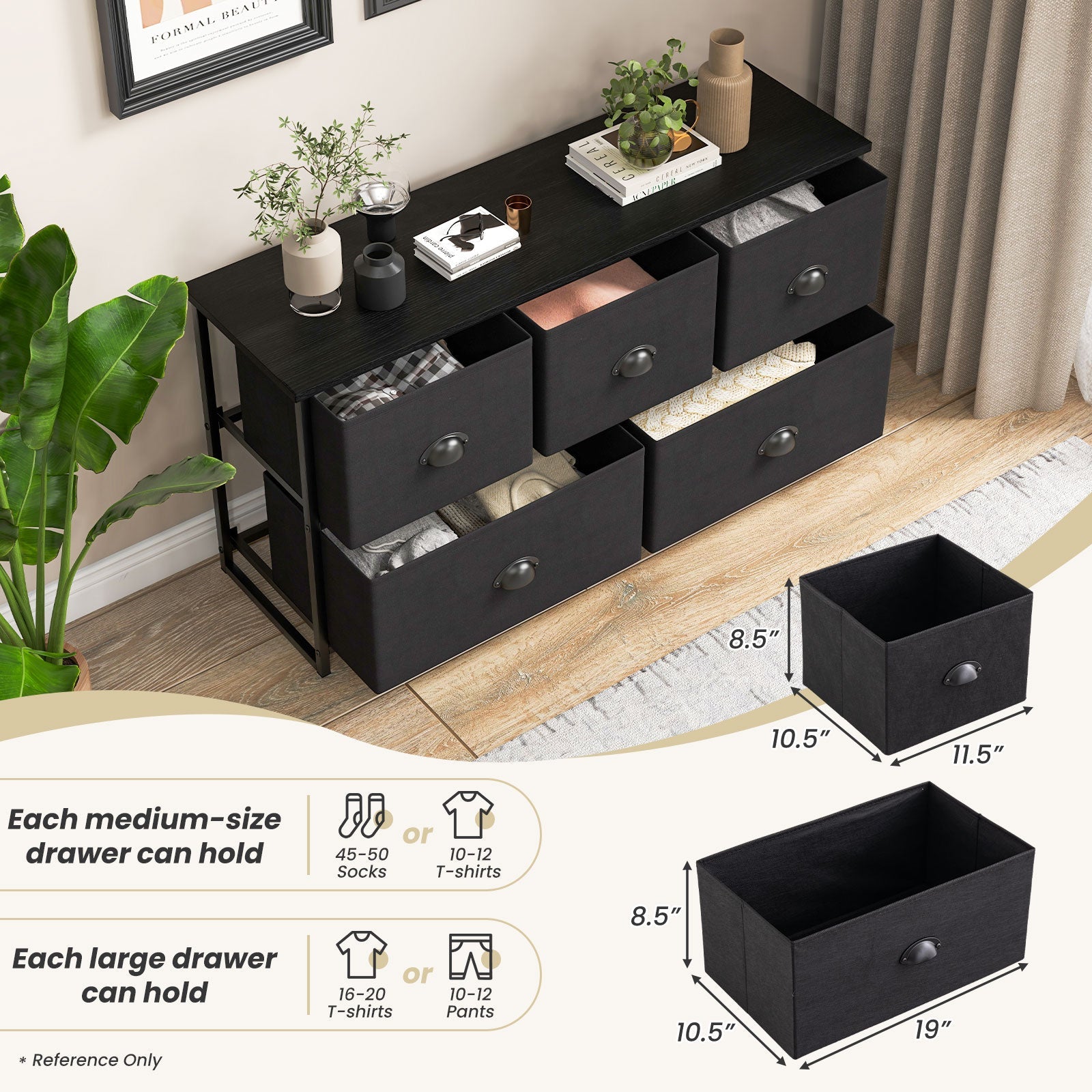 Dresser with 5 Foldable Cloth Storage Cubes - Black