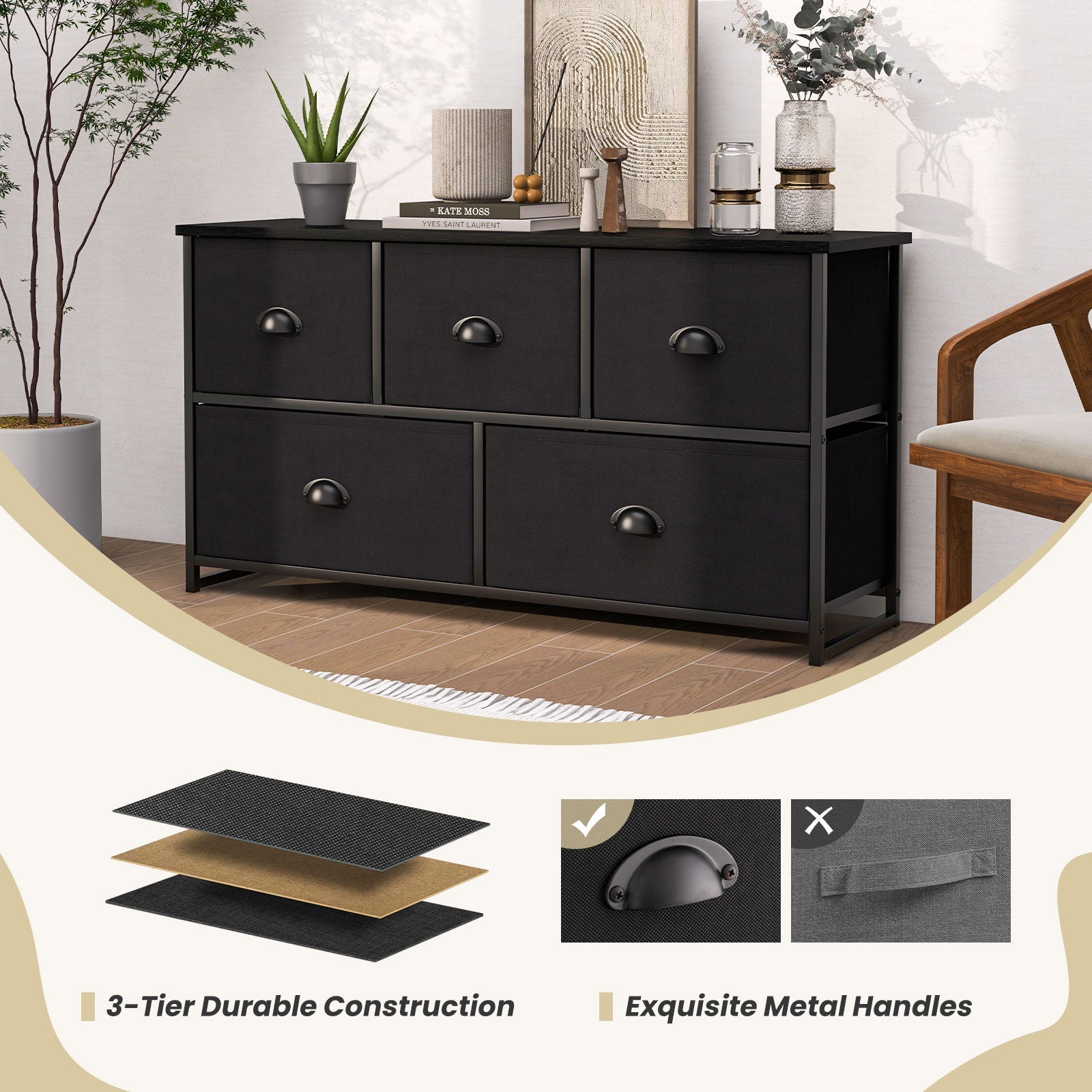 Dresser with 5 Foldable Cloth Storage Cubes - Black