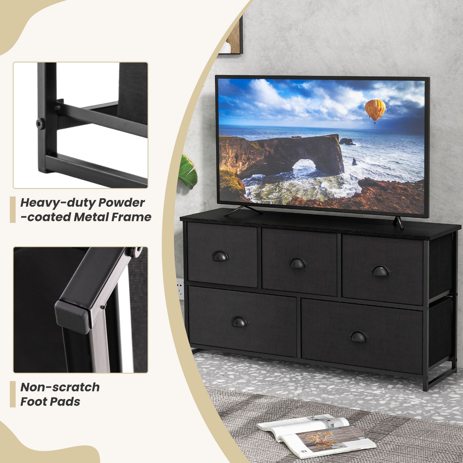 Dresser with 5 Foldable Cloth Storage Cubes - Black