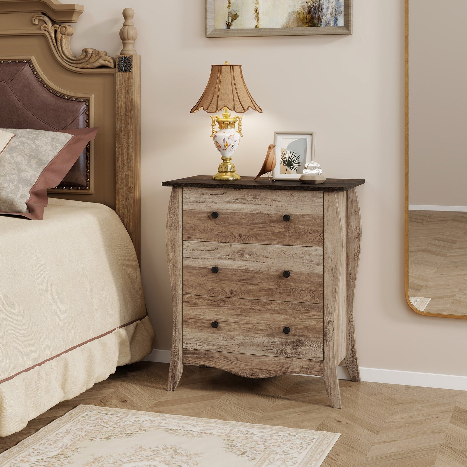 Dresser for Bedroom with 3 Folding Fabric Drawers & Anti-tipping Kit-Brown