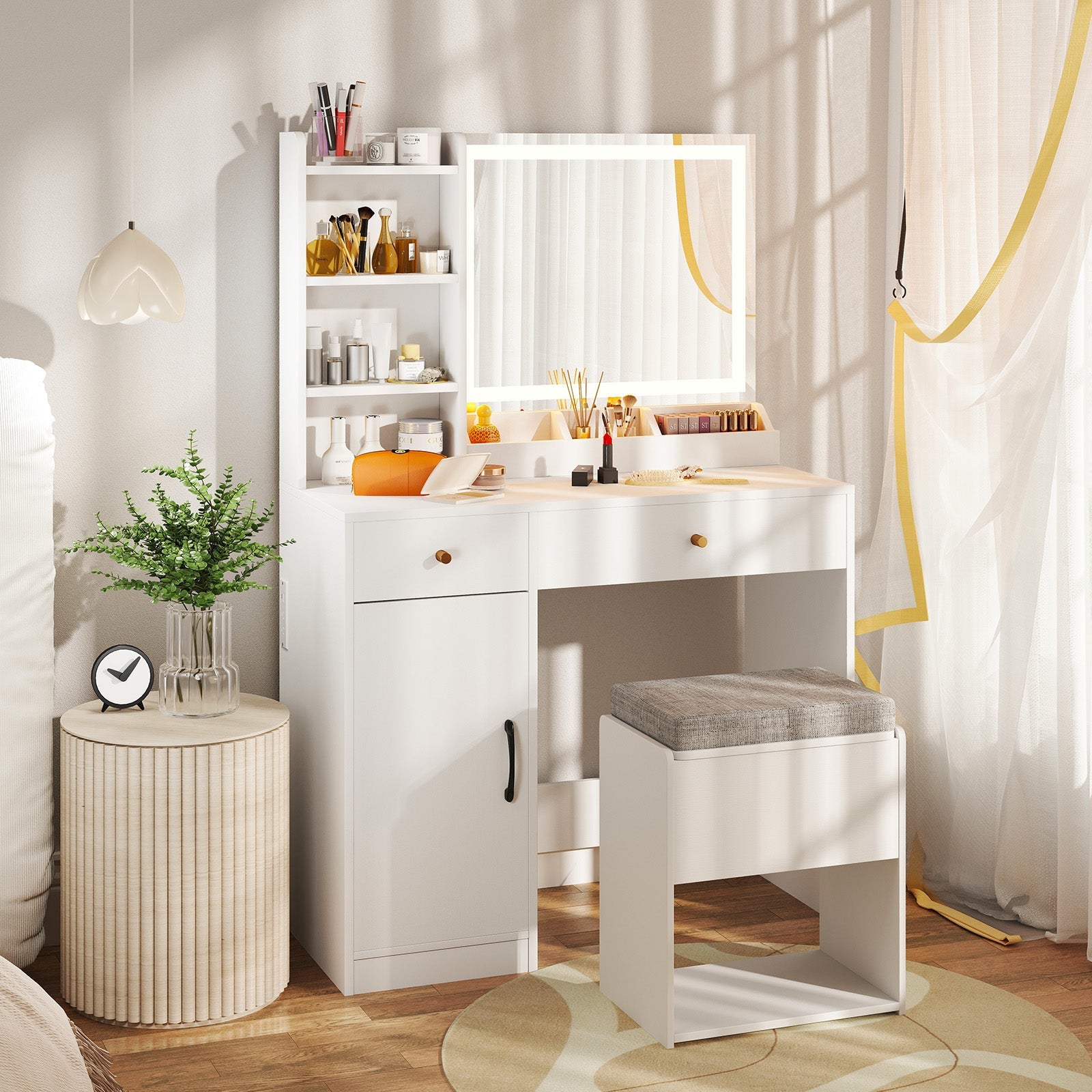 Vanity Dressing Table and Chair Set with Mirror and Lights-White