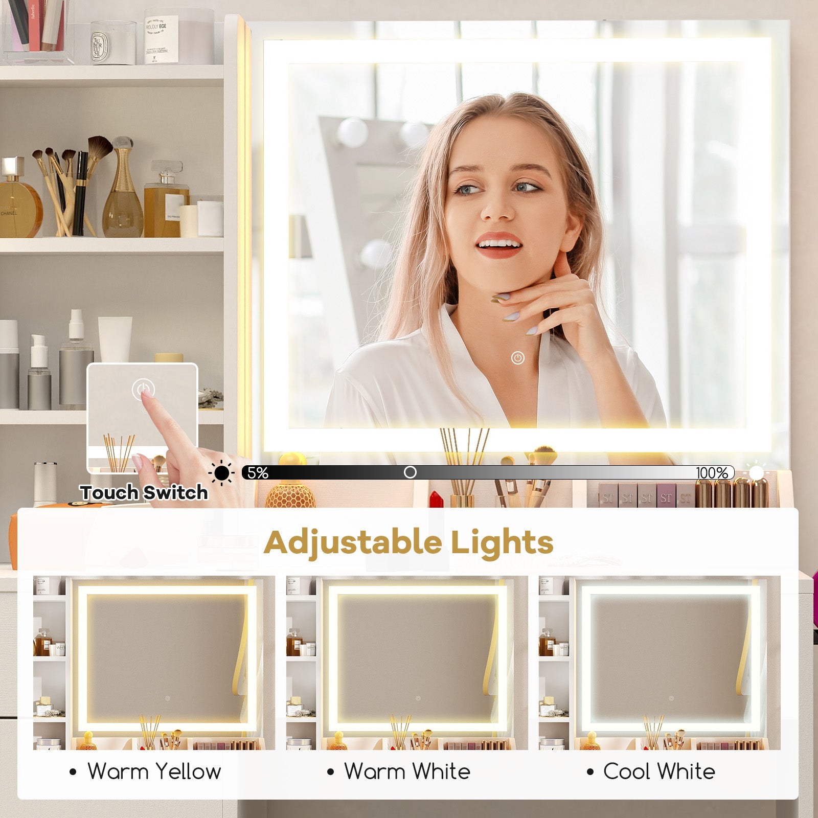Vanity Dressing Table and Chair Set with Mirror and Lights-White