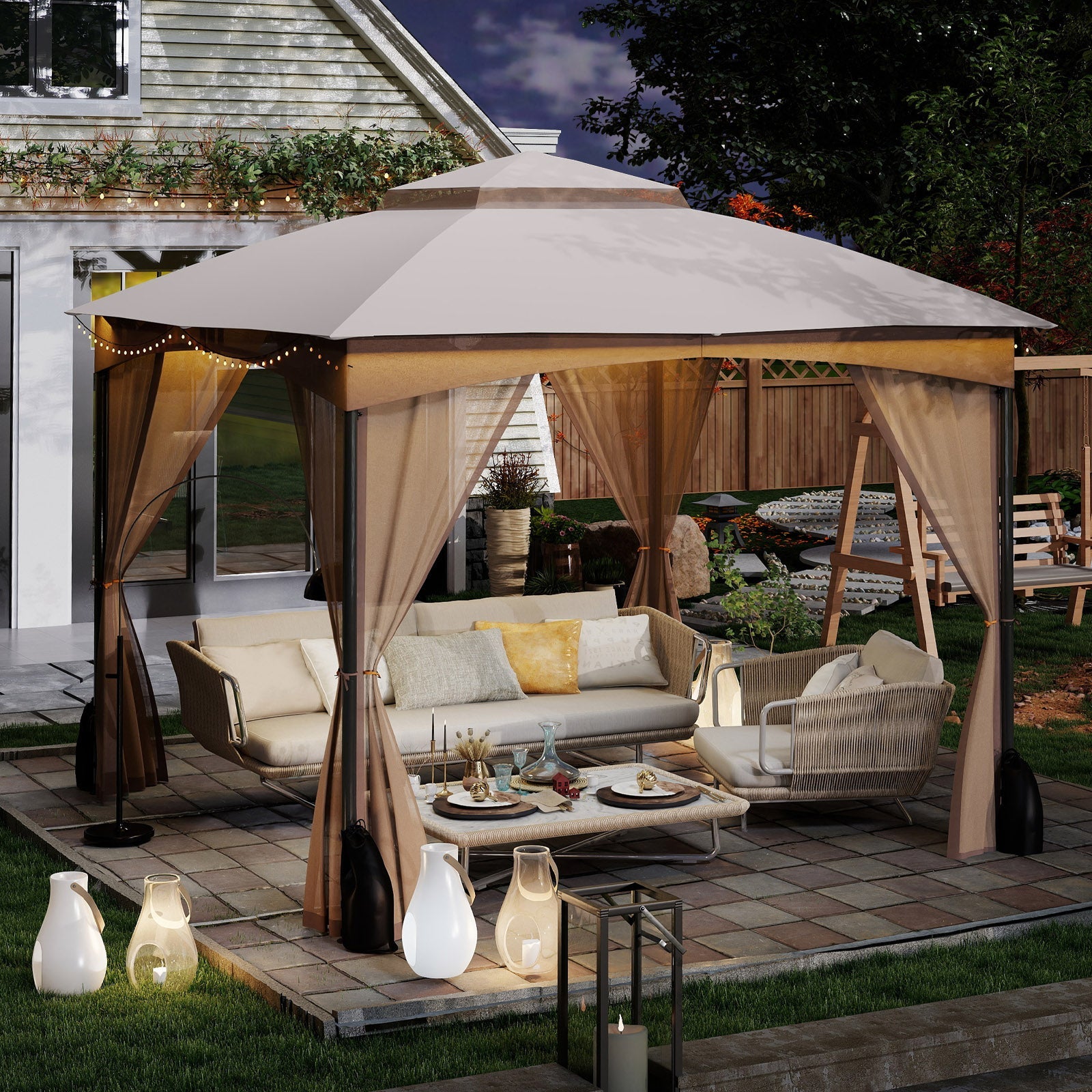 10 x 10 FT Heavy-Duty Patio Gazebo with Netting Walls and 4 Sandbags - Khaki