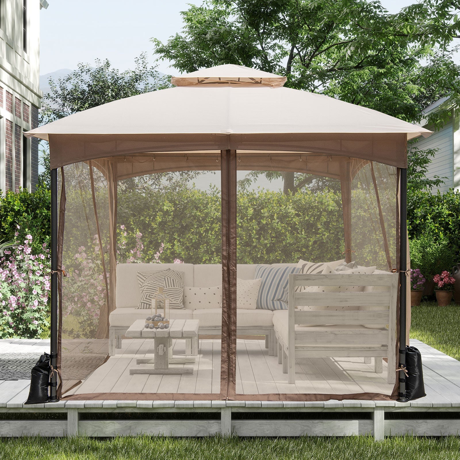 10 x 10 FT Heavy-Duty Patio Gazebo with Netting Walls and 4 Sandbags - Khaki